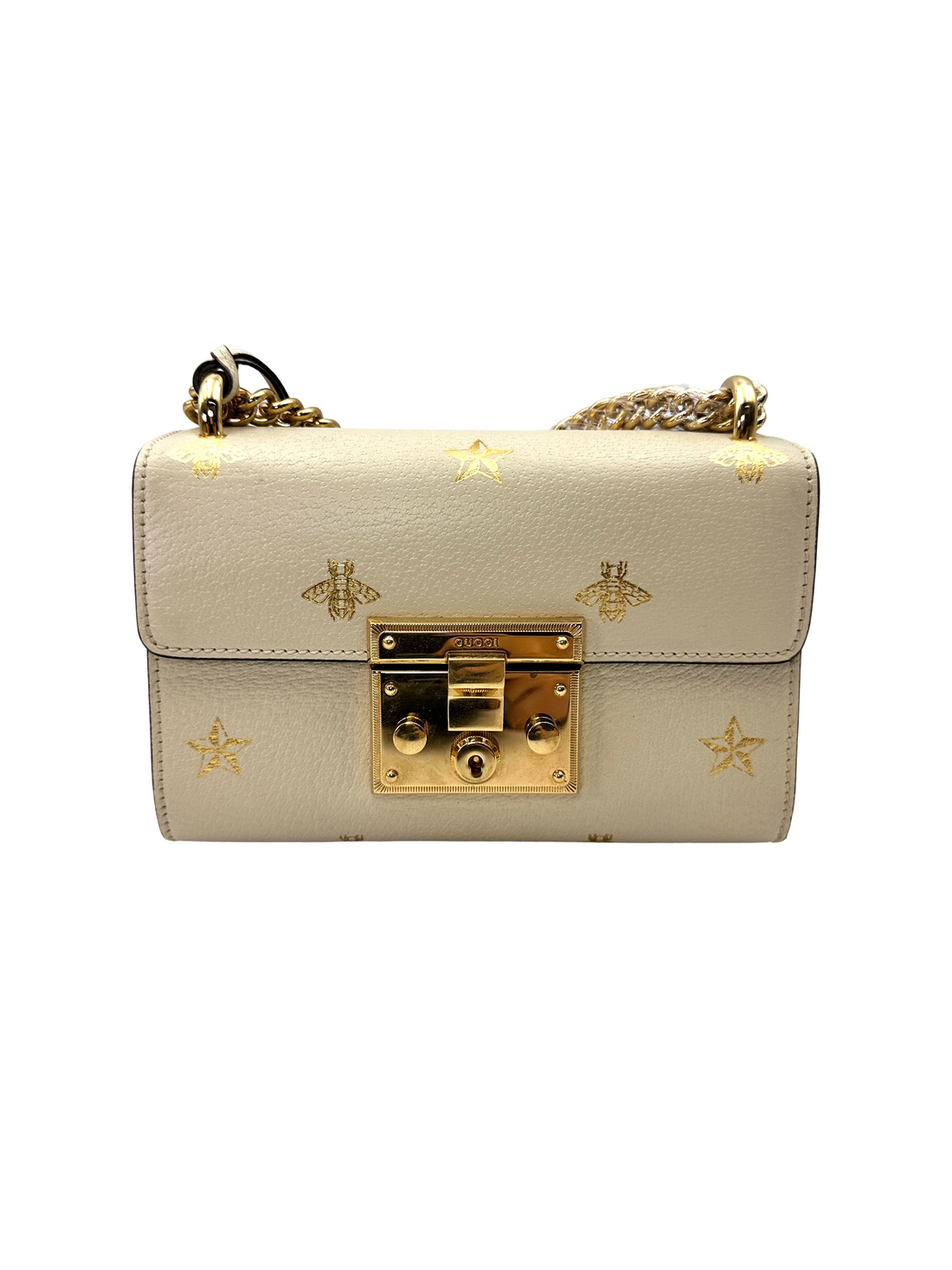 Gucci Padlock Bee Star White Leather Small Size Shoulder Bag GG1388