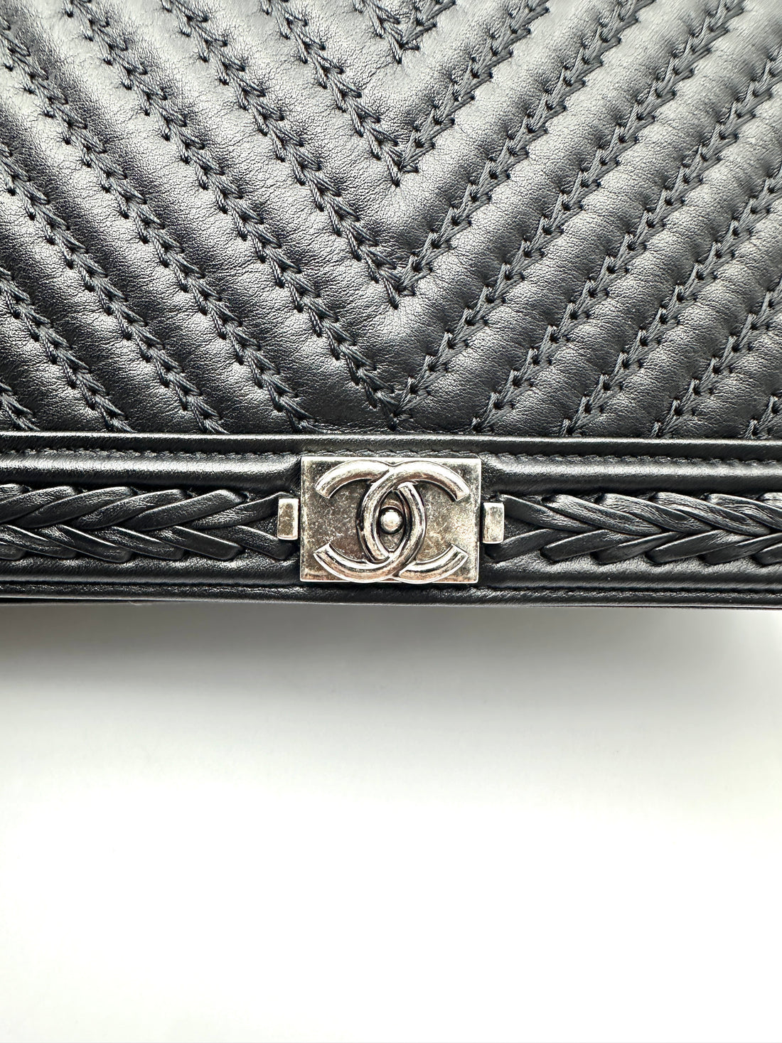 Chanel LeBoy Black Chevron Quilted Leather Flap Bag With Silver Buckle(23***22) CC2526