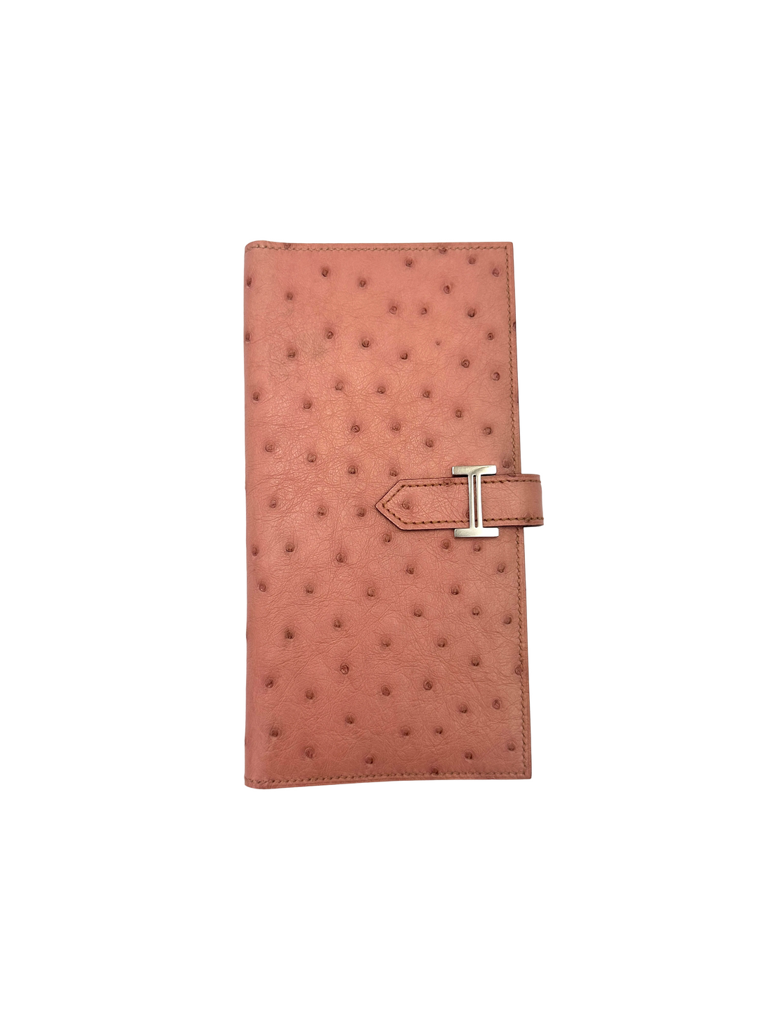 Hermes Bearn Compact Pink Ostrich Leather Wallet HR166