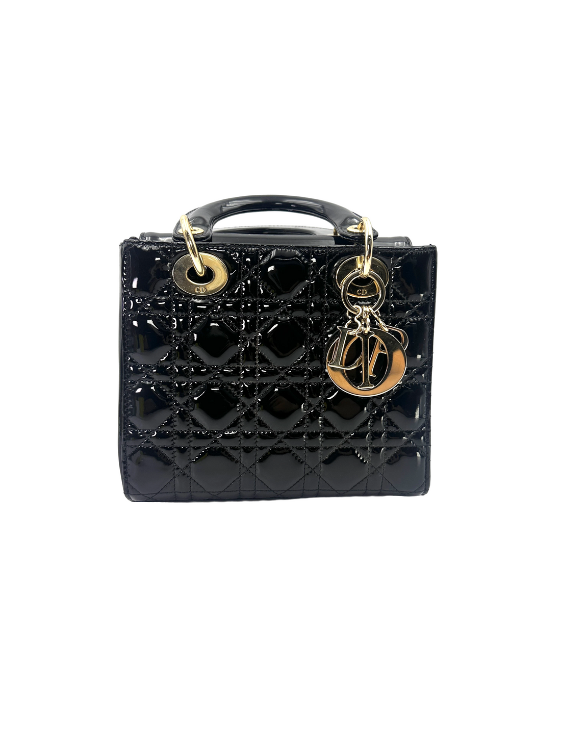 Christian Dior Lady Dior Black Cannage Patent Leather Handle Bag DR920