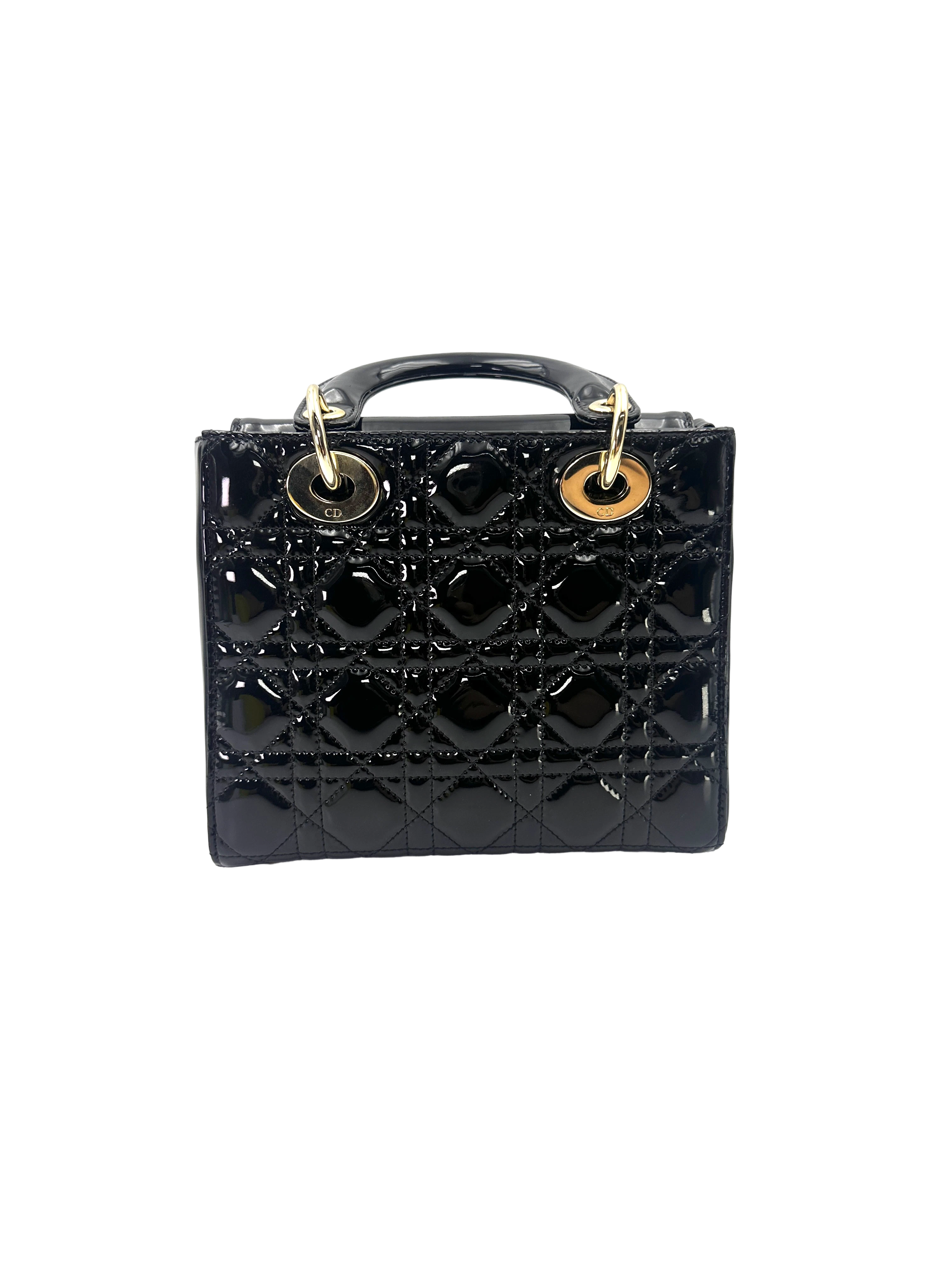 Christian Dior Lady Dior Black Cannage Patent Leather Handle Bag DR920