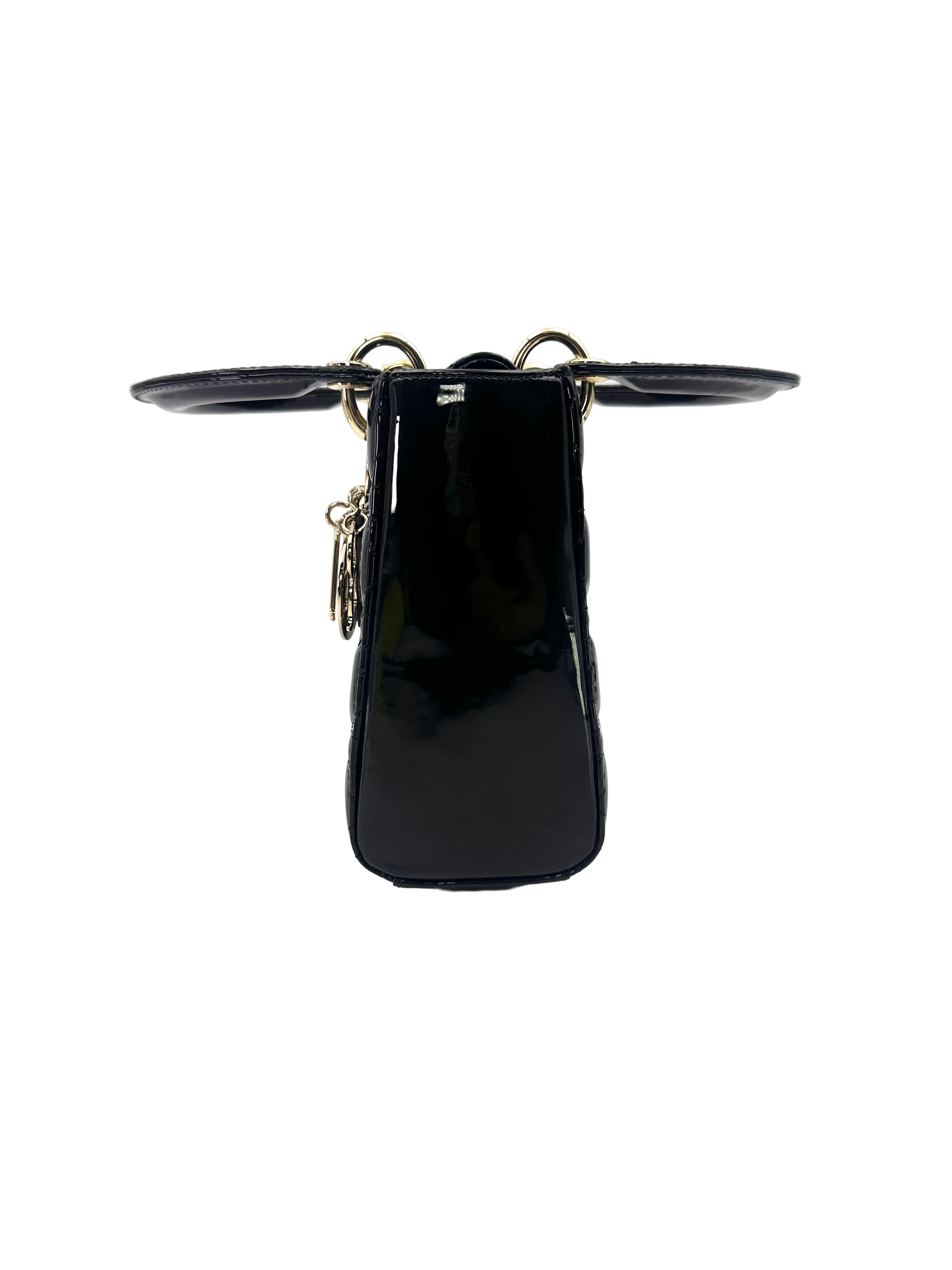 Christian Dior Lady Dior Black Cannage Patent Leather Handle Bag DR920