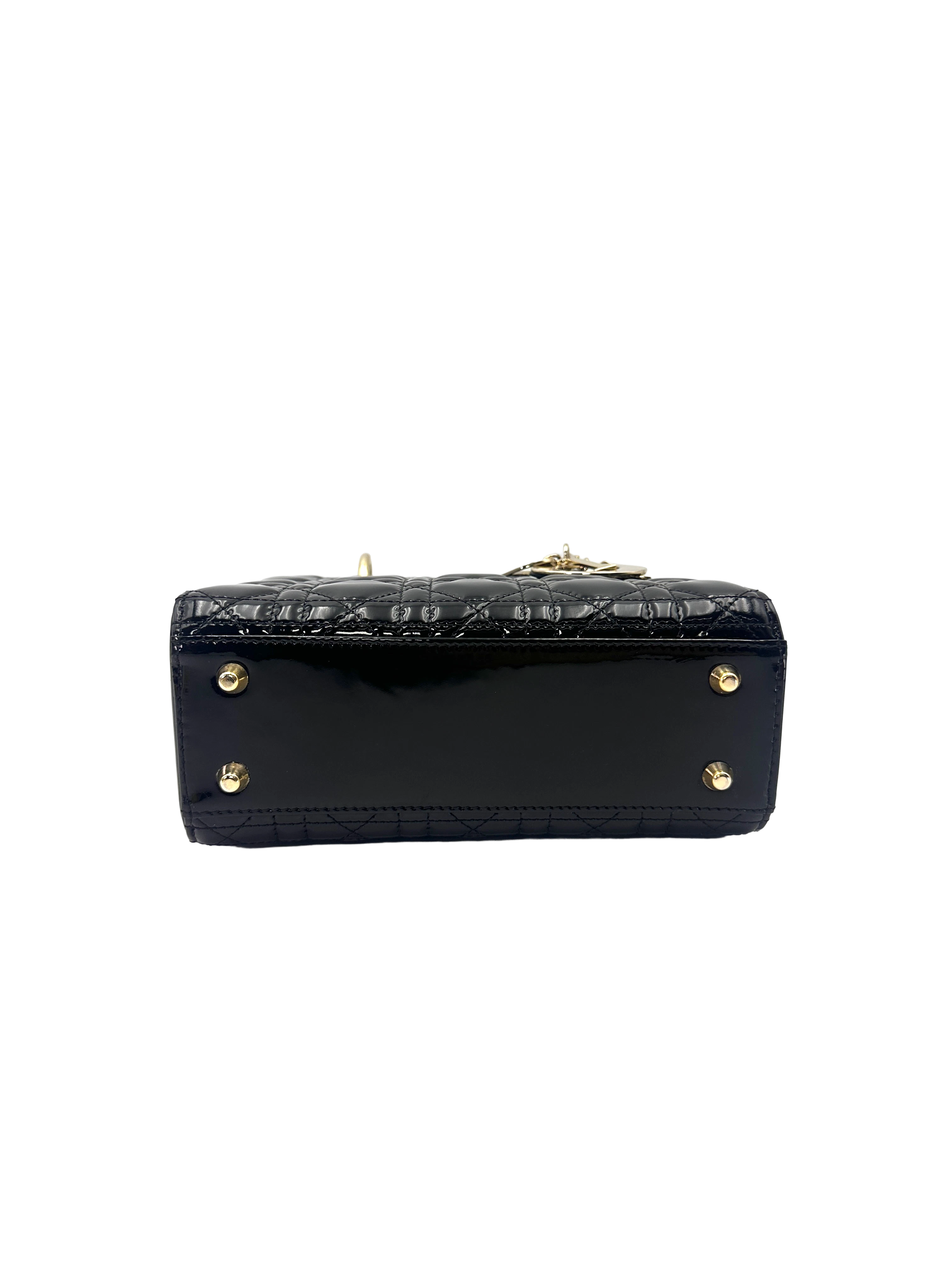 Christian Dior Lady Dior Black Cannage Patent Leather Handle Bag DR920