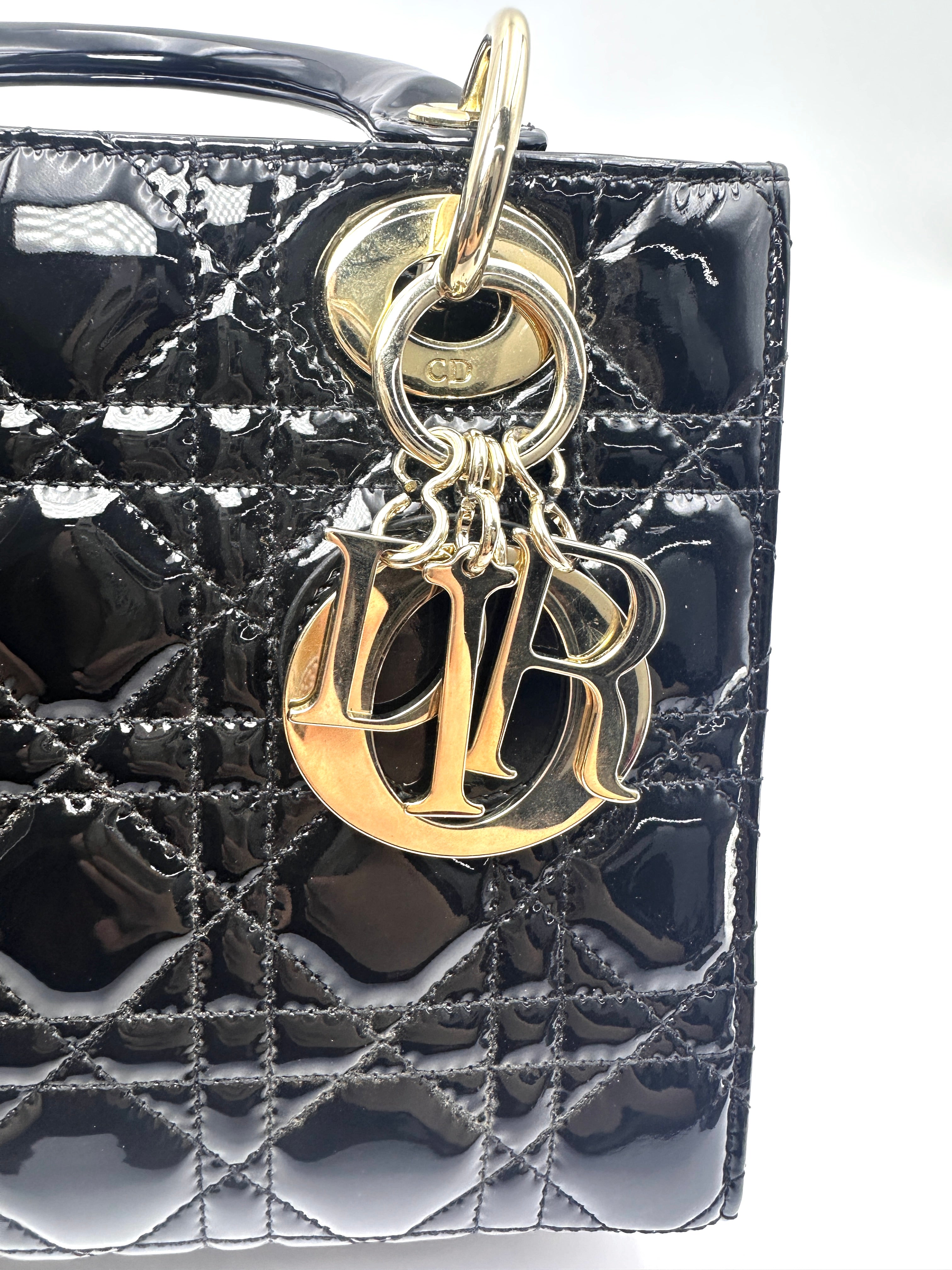 Christian Dior Lady Dior Black Cannage Patent Leather Handle Bag DR920