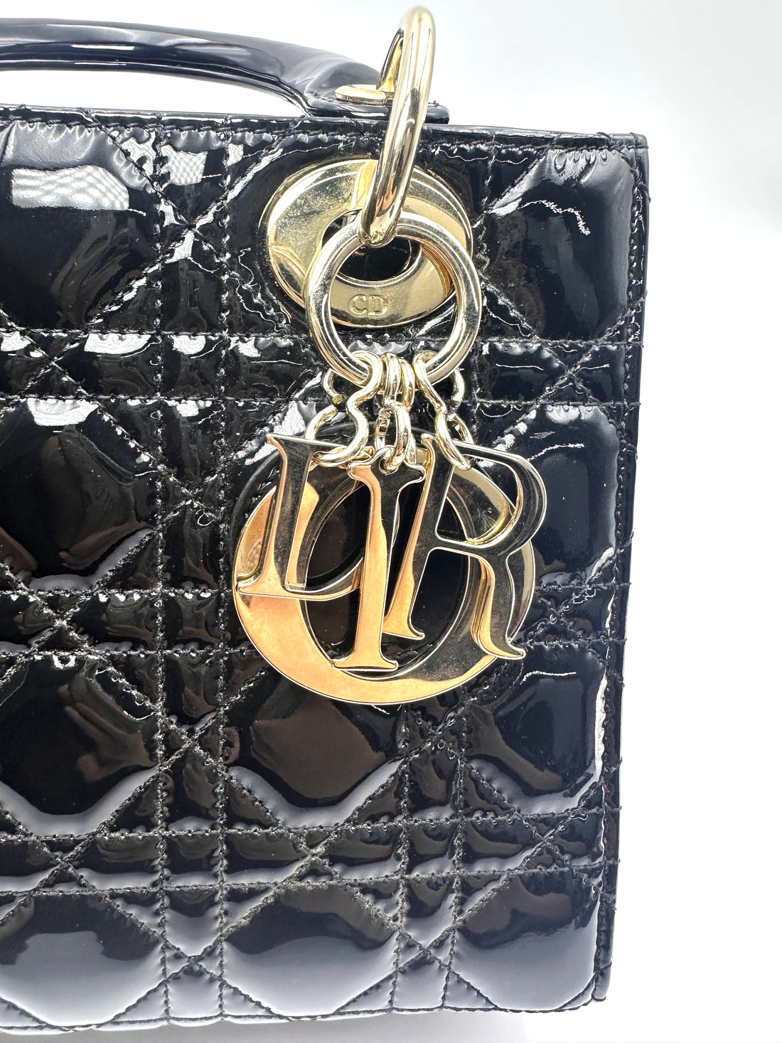 Christian Dior Lady Dior Black Cannage Patent Leather Handle Bag DR920