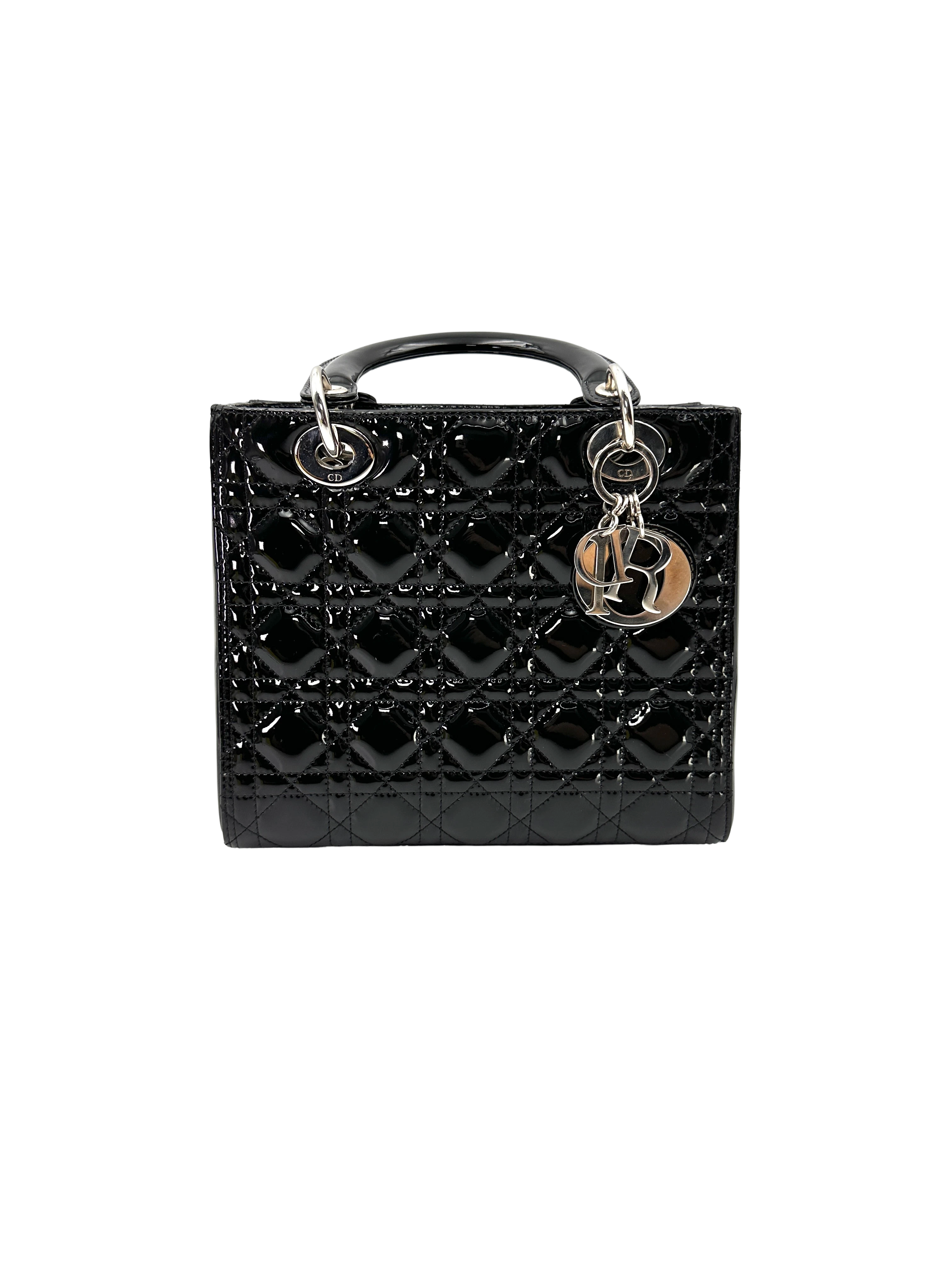 Christian Dior Lady Dior Black Cannage Patent Leather Handle Bag DR918