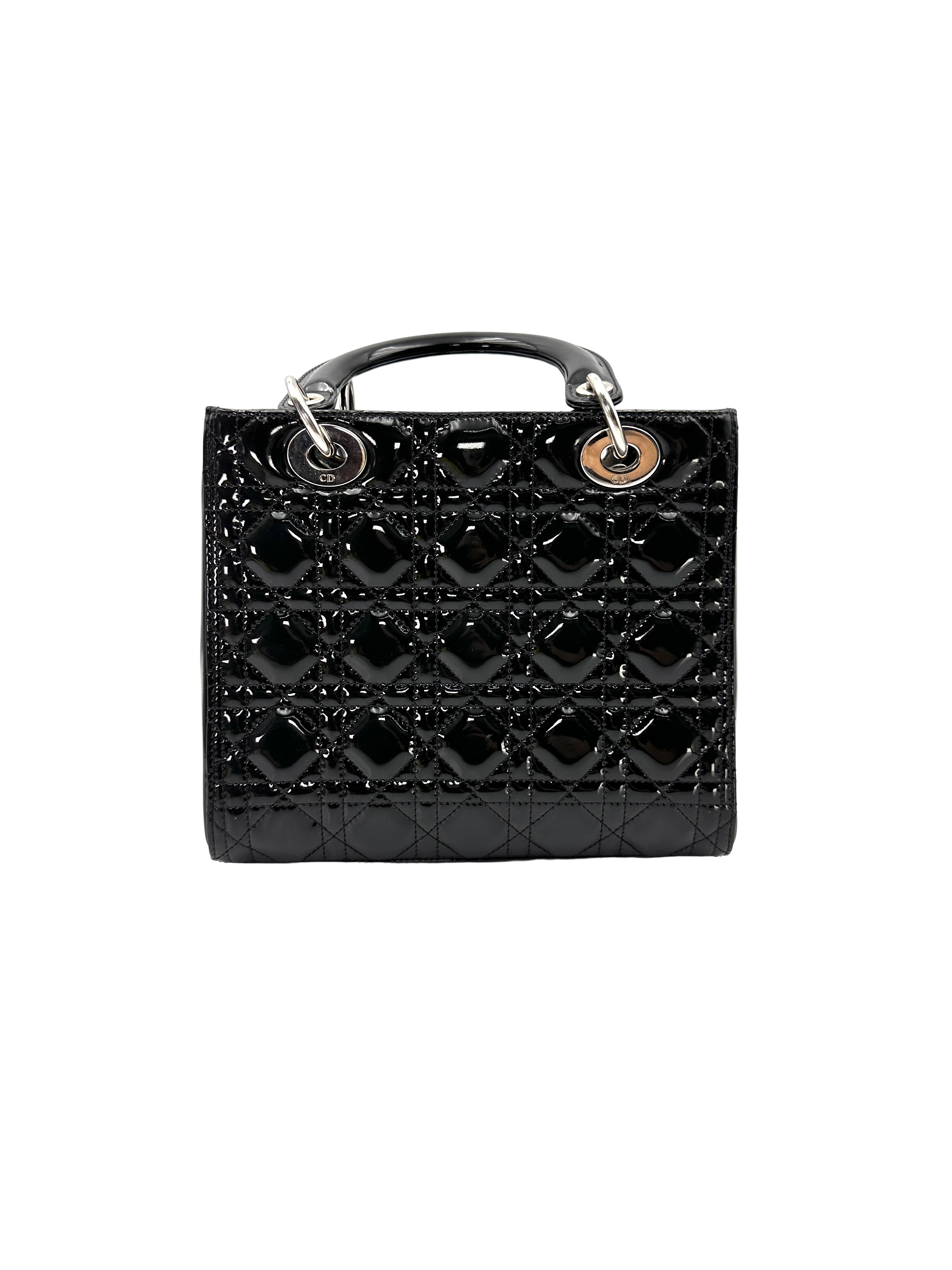 Christian Dior Lady Dior Black Cannage Patent Leather Handle Bag DR918