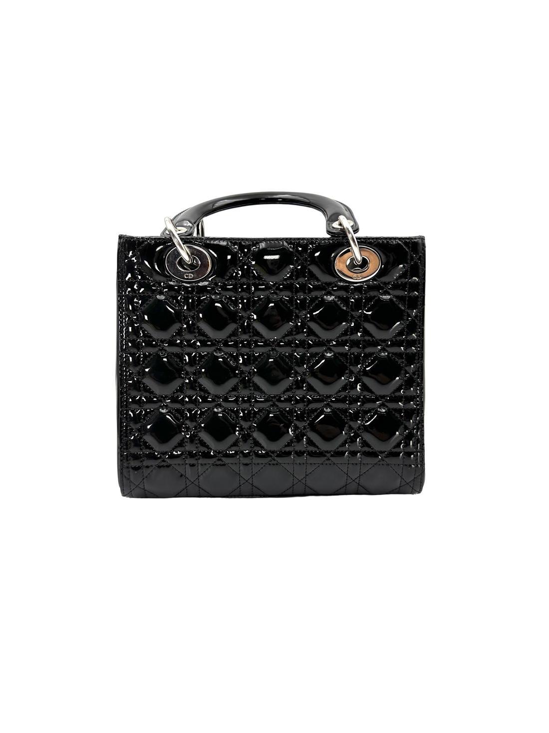 Christian Dior Lady Dior Black Cannage Patent Leather Handle Bag DR918