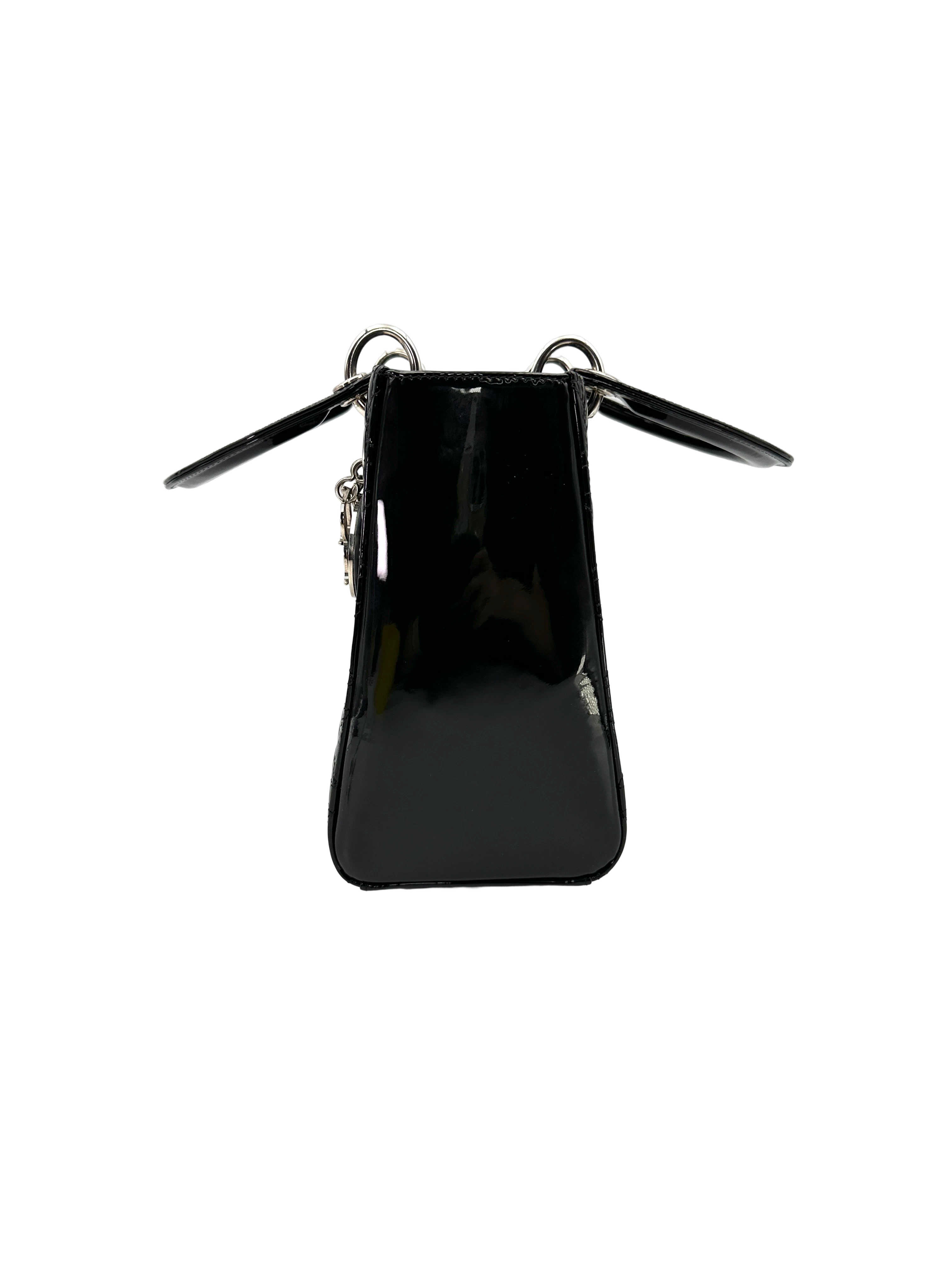 Christian Dior Lady Dior Black Cannage Patent Leather Handle Bag DR918