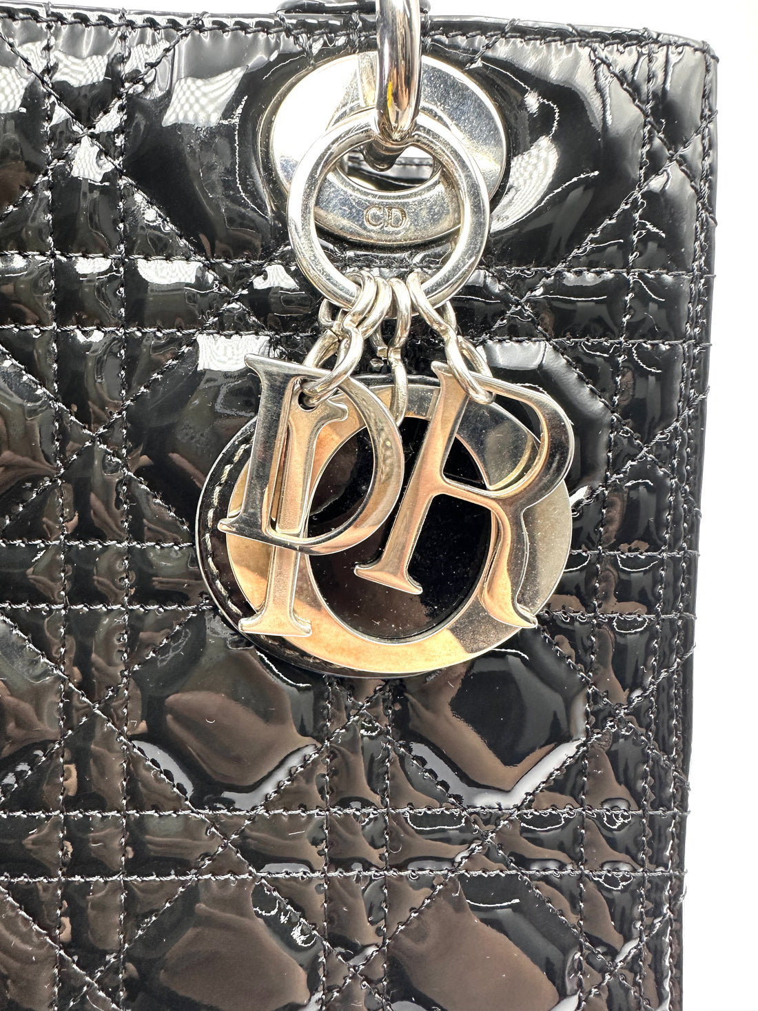 Christian Dior Lady Dior Black Cannage Patent Leather Handle Bag DR918