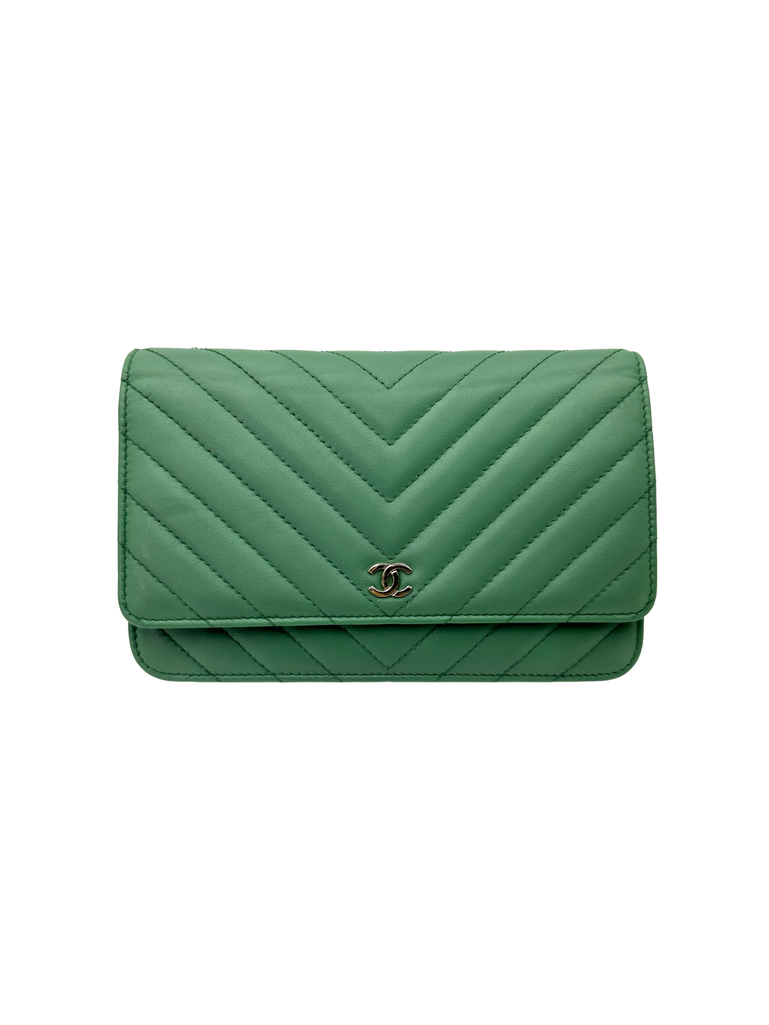 Chanel Timeless Classic Green Chevron Quilted Lambskin Wallet On Chain(23***93) CC2535