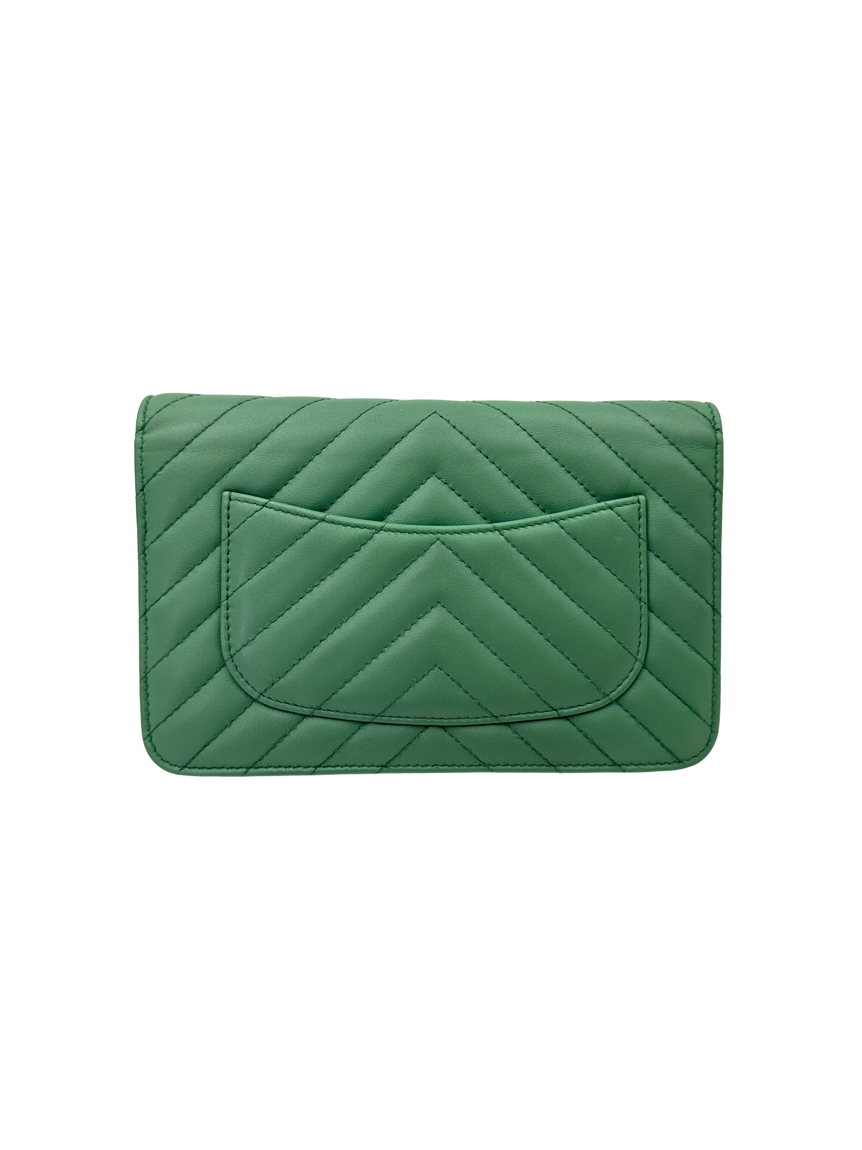 Chanel Timeless Classic Green Chevron Quilted Lambskin Wallet On Chain(23***93) CC2535