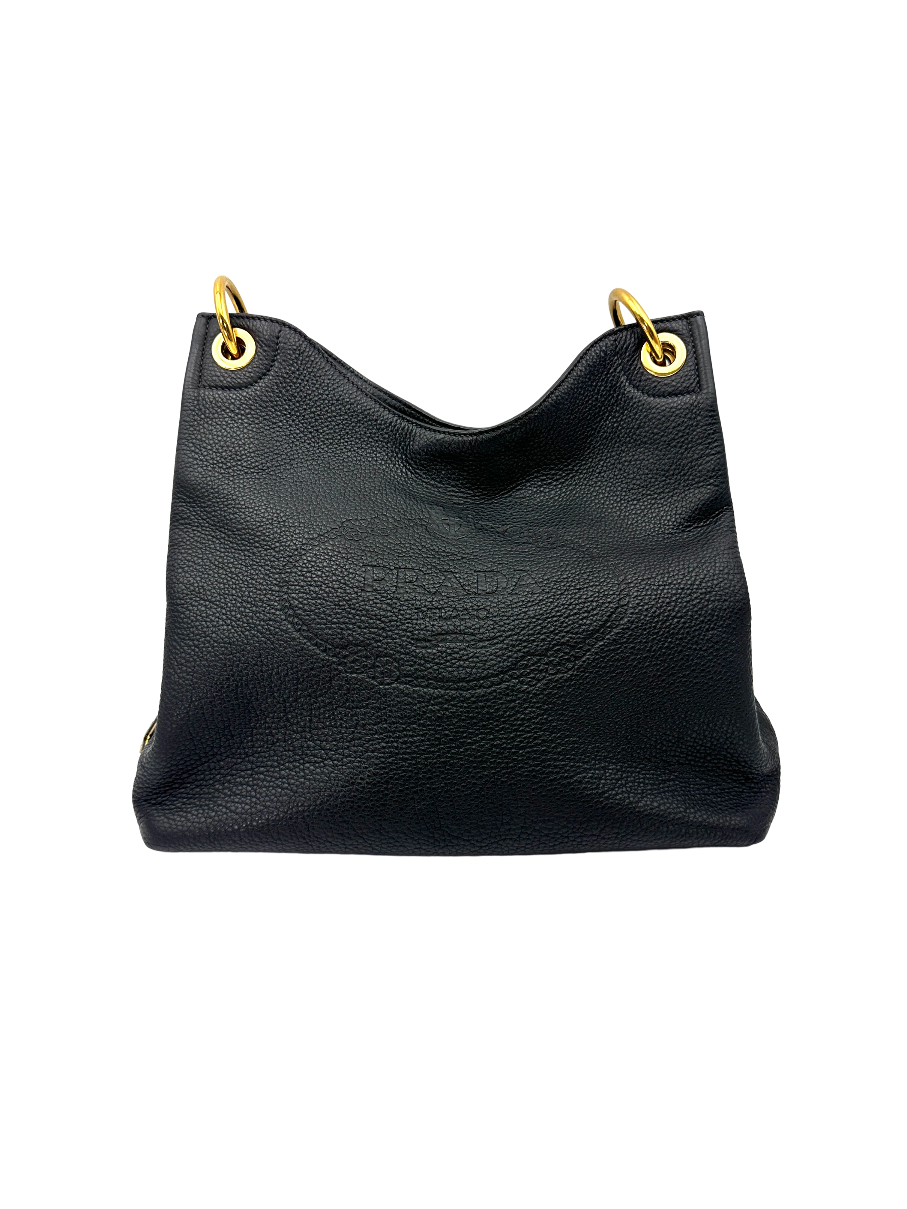 Prada Vitello Phenix Black Leather Hobo Bag PR555