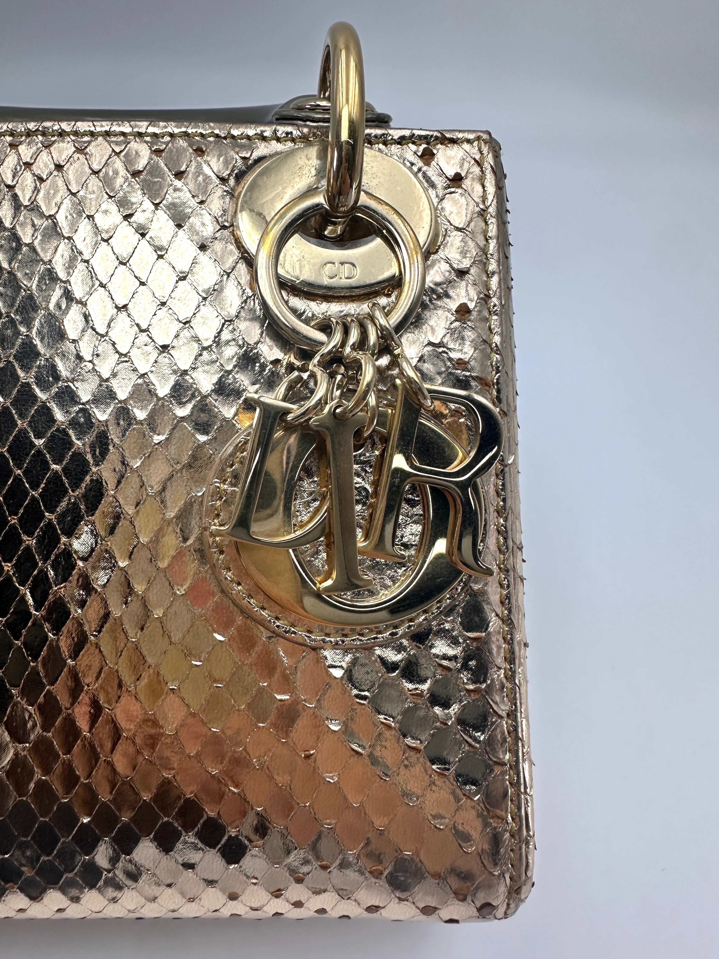 Christian Dior Lady Dior Gold Python Leather Handle Bag DR923