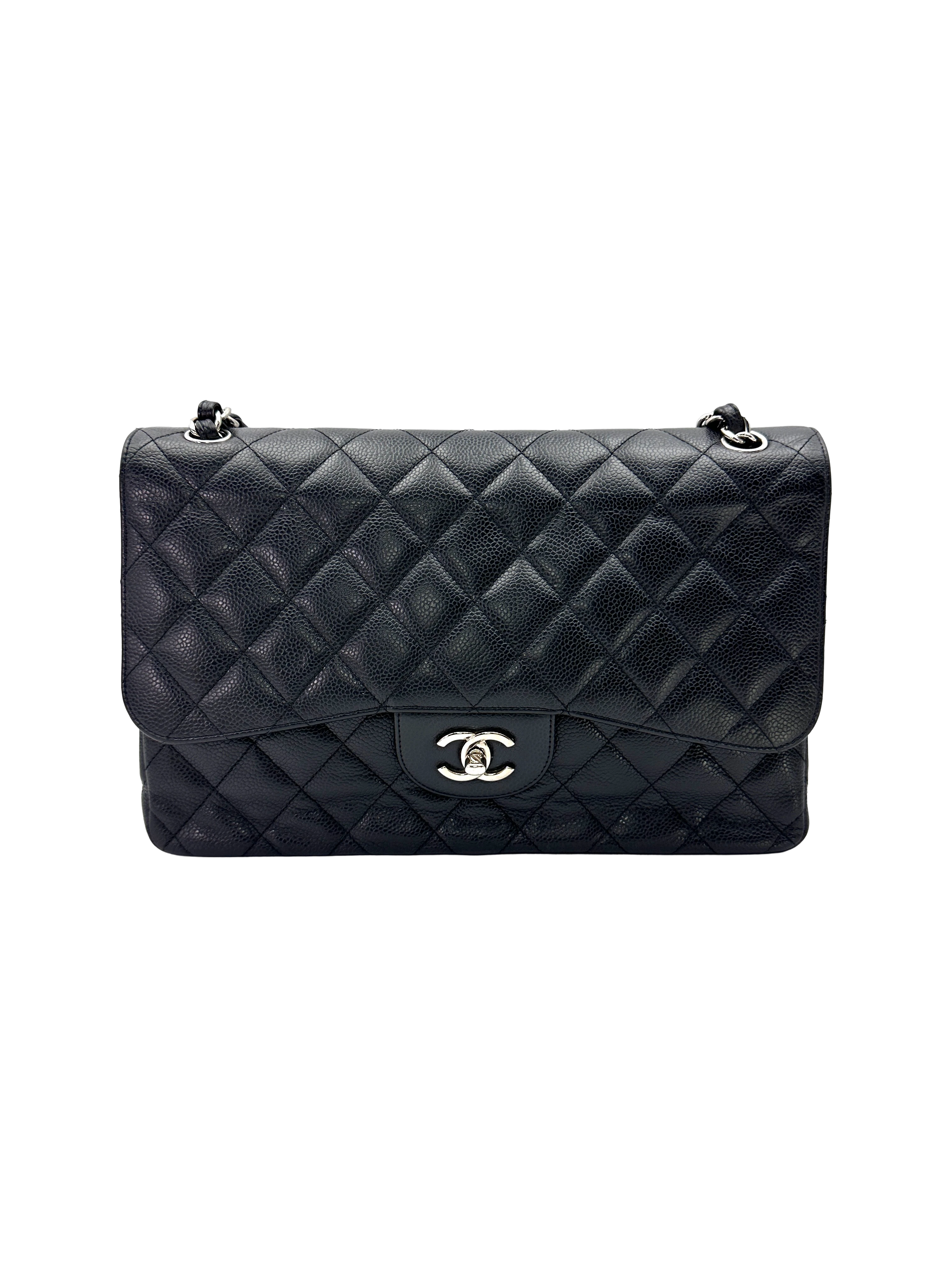Chanel Classic Flap Black Quilted Leather Jumbo Shoulder Bag With Silver Buckle(19***29) CC2539