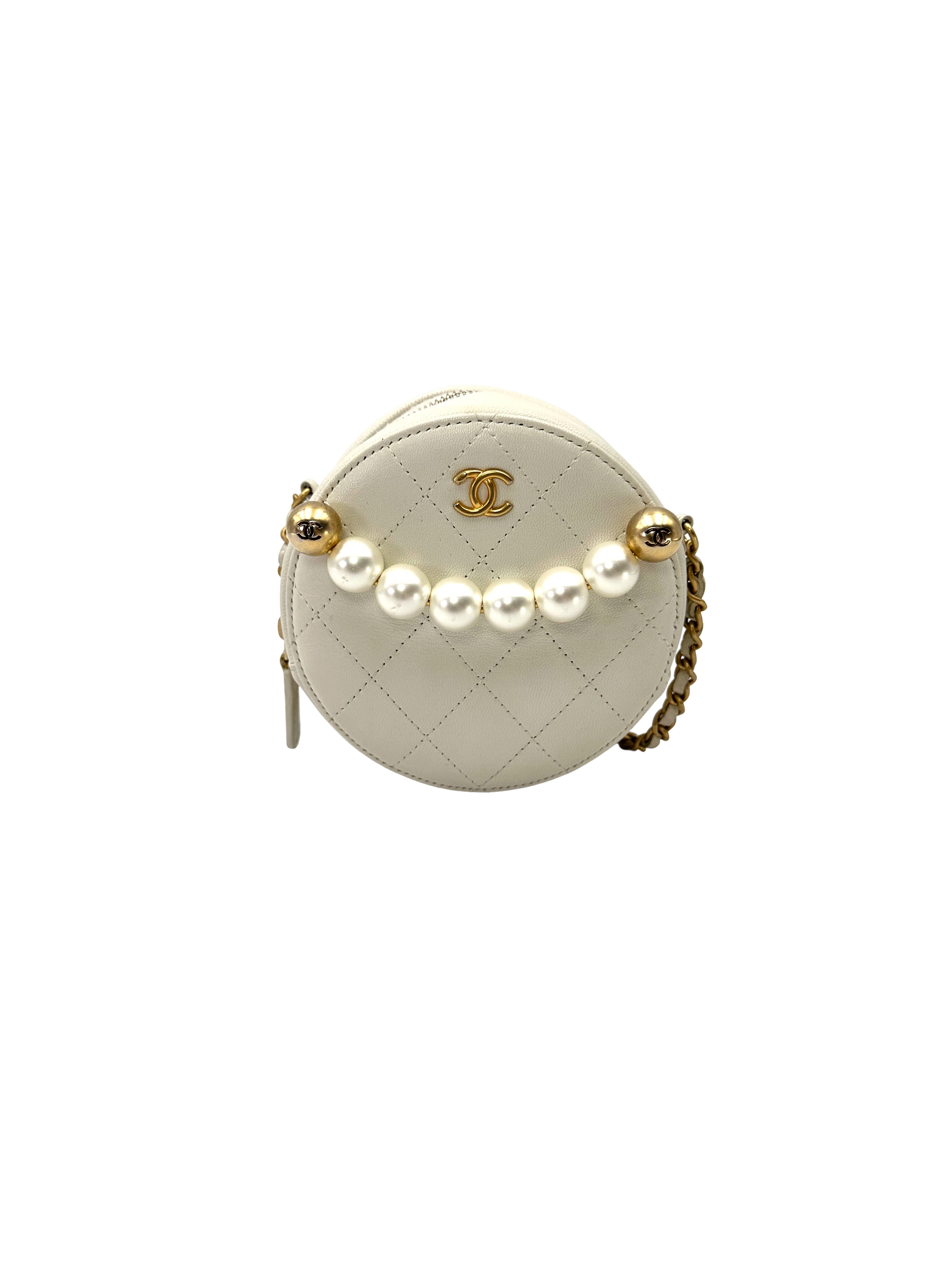 Chanel Pearl-Embellished White Quilted Leather Round Clutch(29***17) CC2546