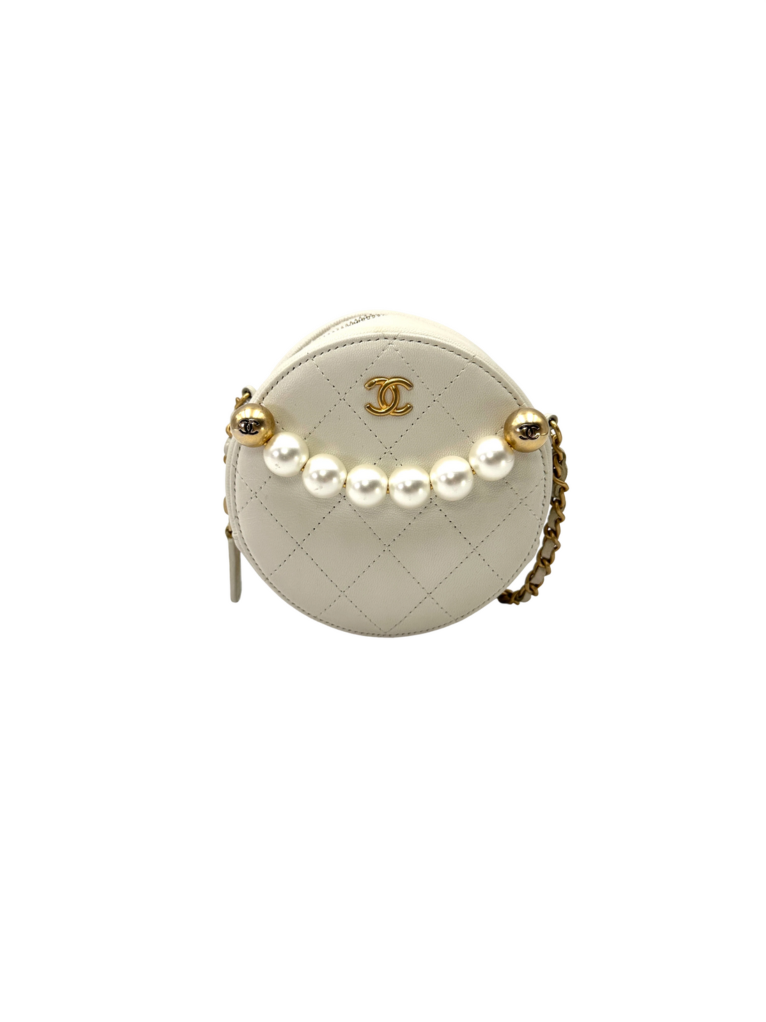 Chanel Pearl-Embellished White Quilted Leather Round Clutch(29***17) CC2546