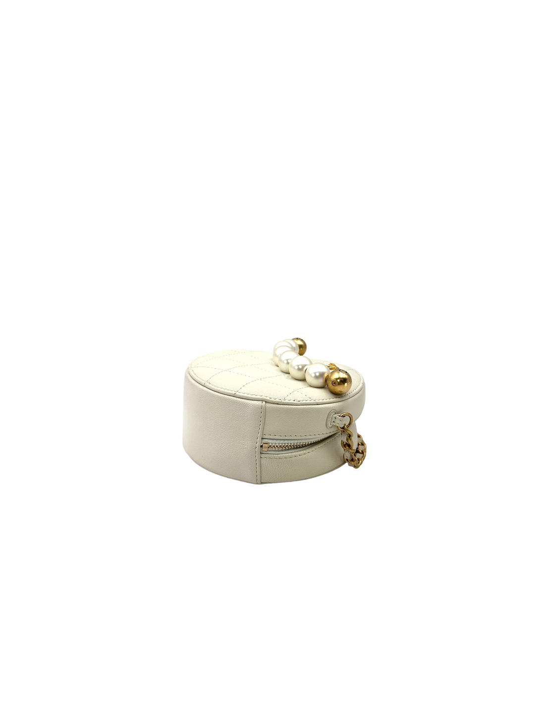Chanel Pearl-Embellished White Quilted Leather Round Clutch(29***17) CC2546