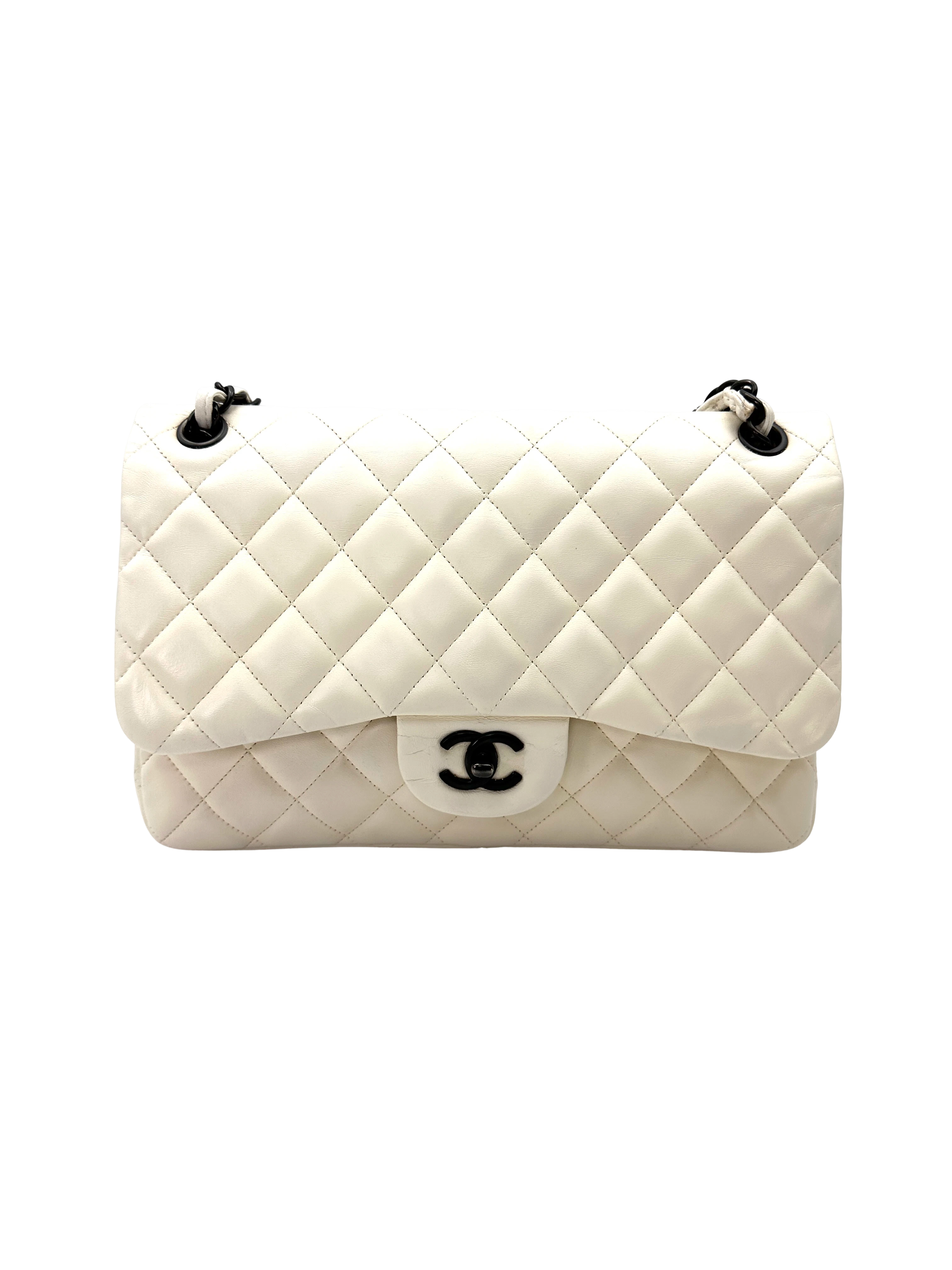 Chanel Classic Flap White Quilted Leather Jumbo Shoulder Bag With Black Buckle(14***54) CC2547