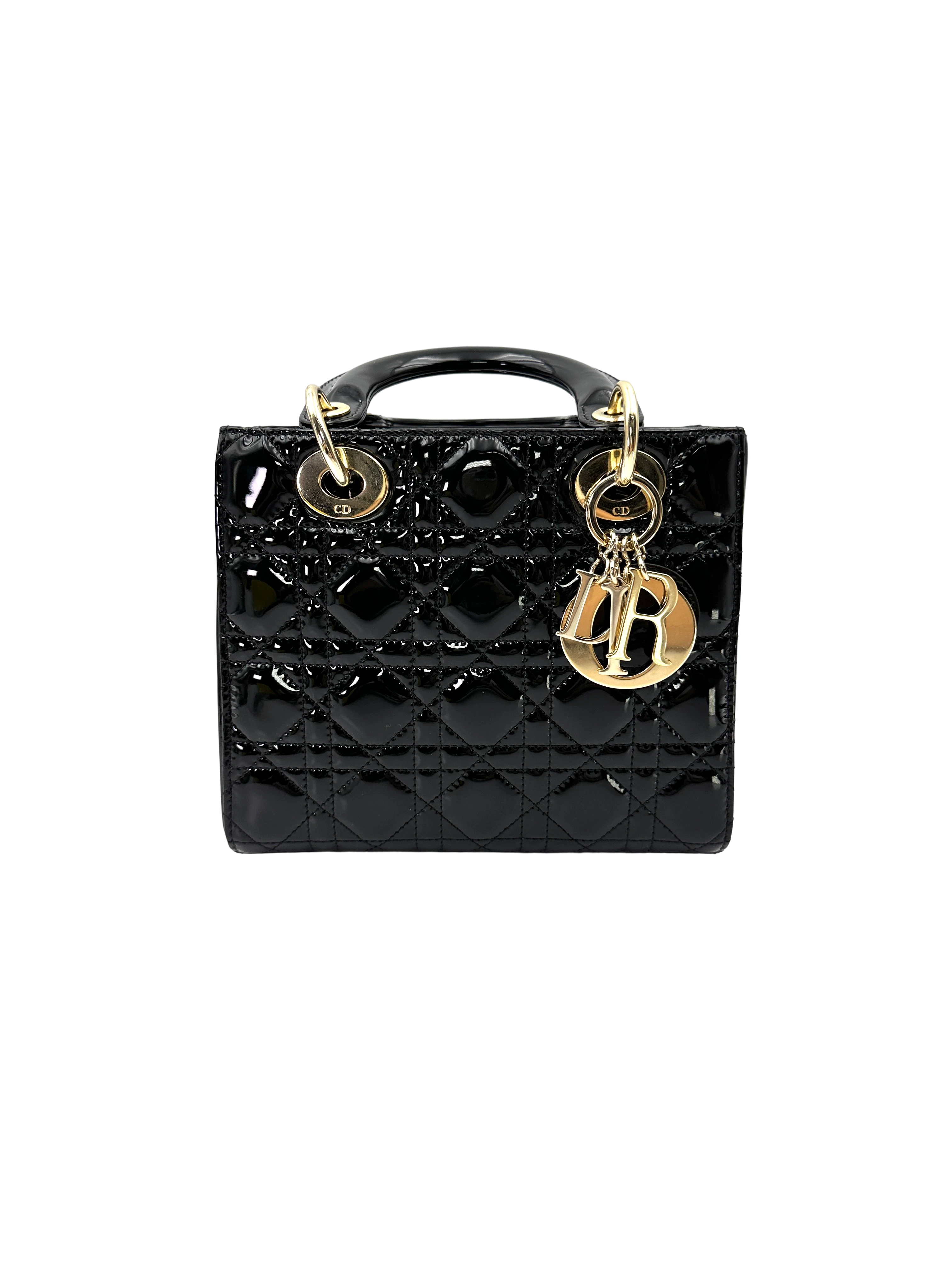 Christian Dior Lady Dior Black Cannage Patent Leather Handle Bag DR927