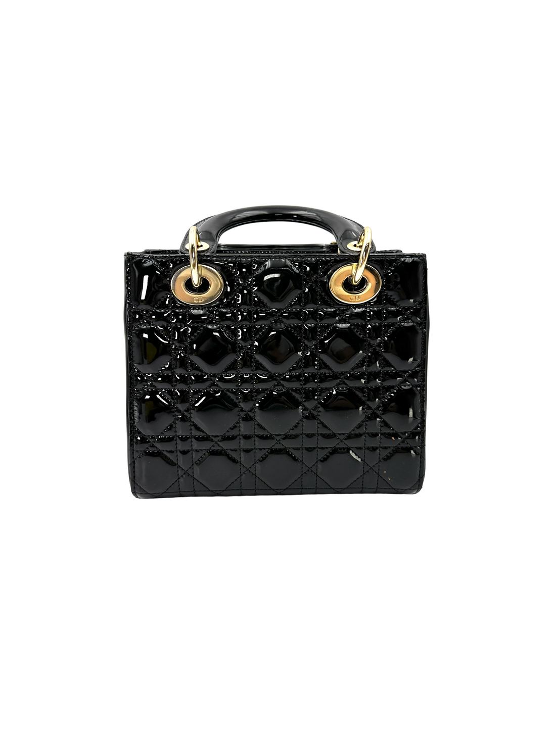 Christian Dior Lady Dior Black Cannage Patent Leather Handle Bag DR927