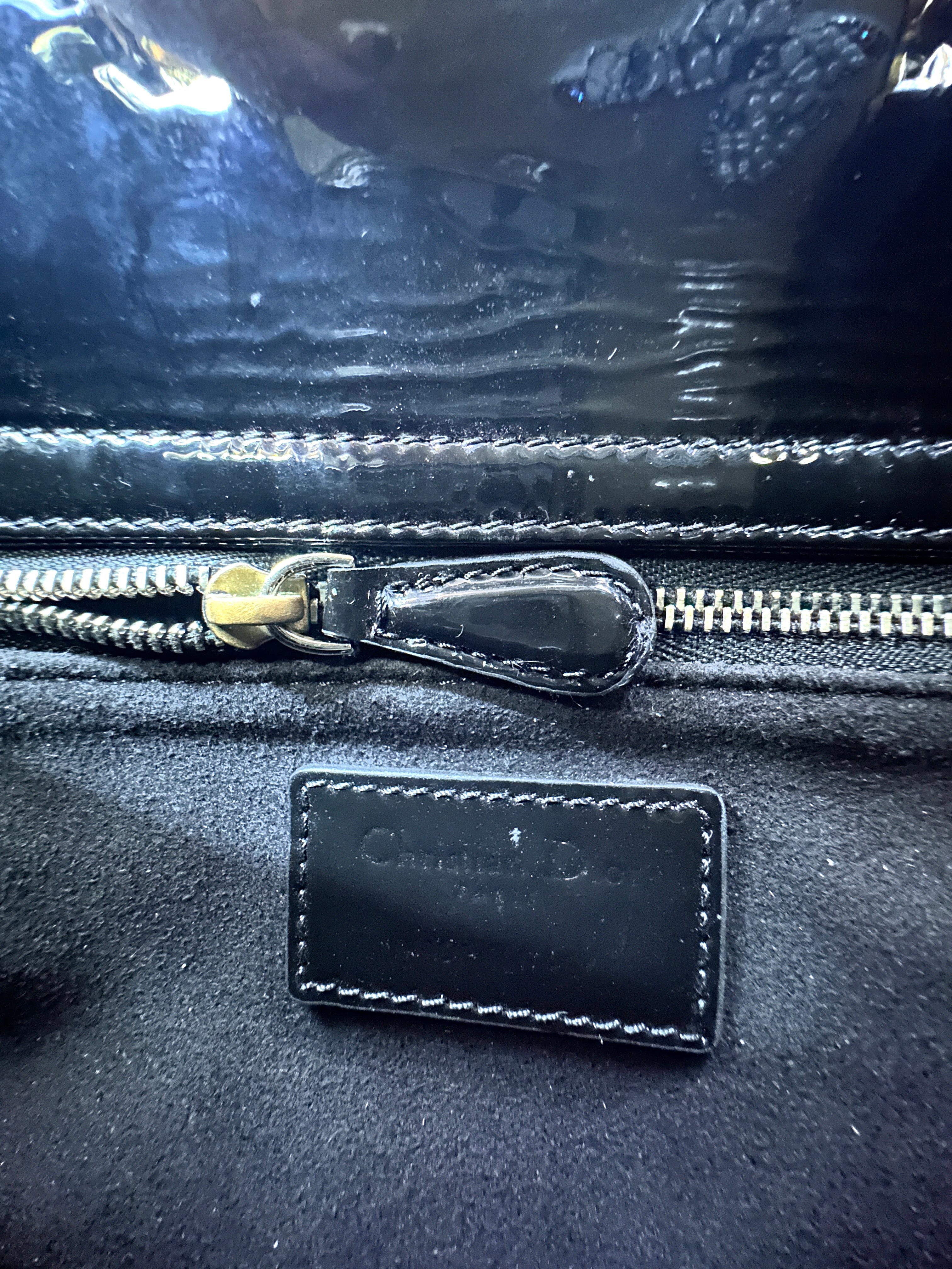 Christian Dior Lady Dior Black Cannage Patent Leather Handle Bag DR927