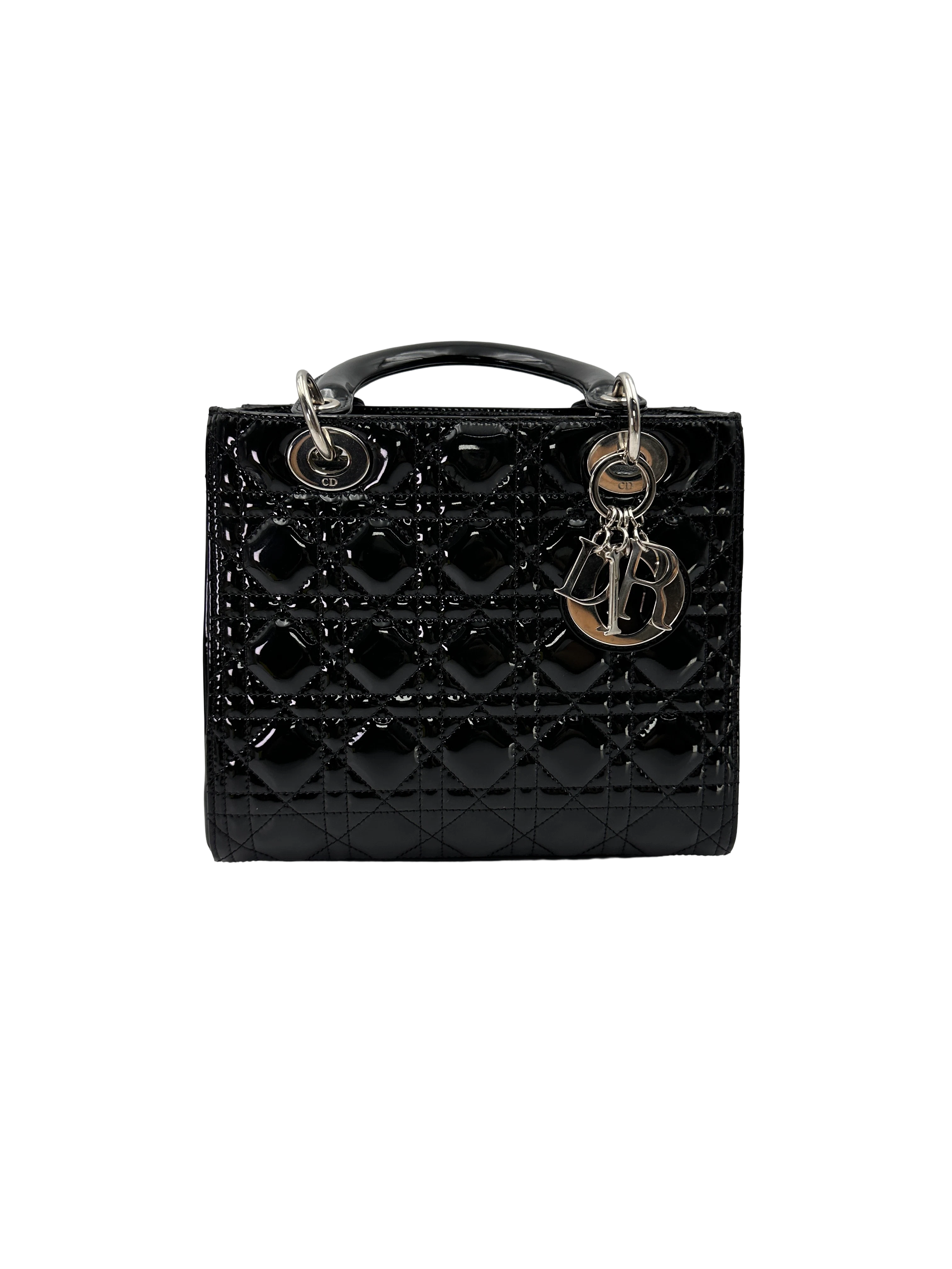 Christian Dior Lady Dior Black Cannage Patent Leather Handle Bag DR931