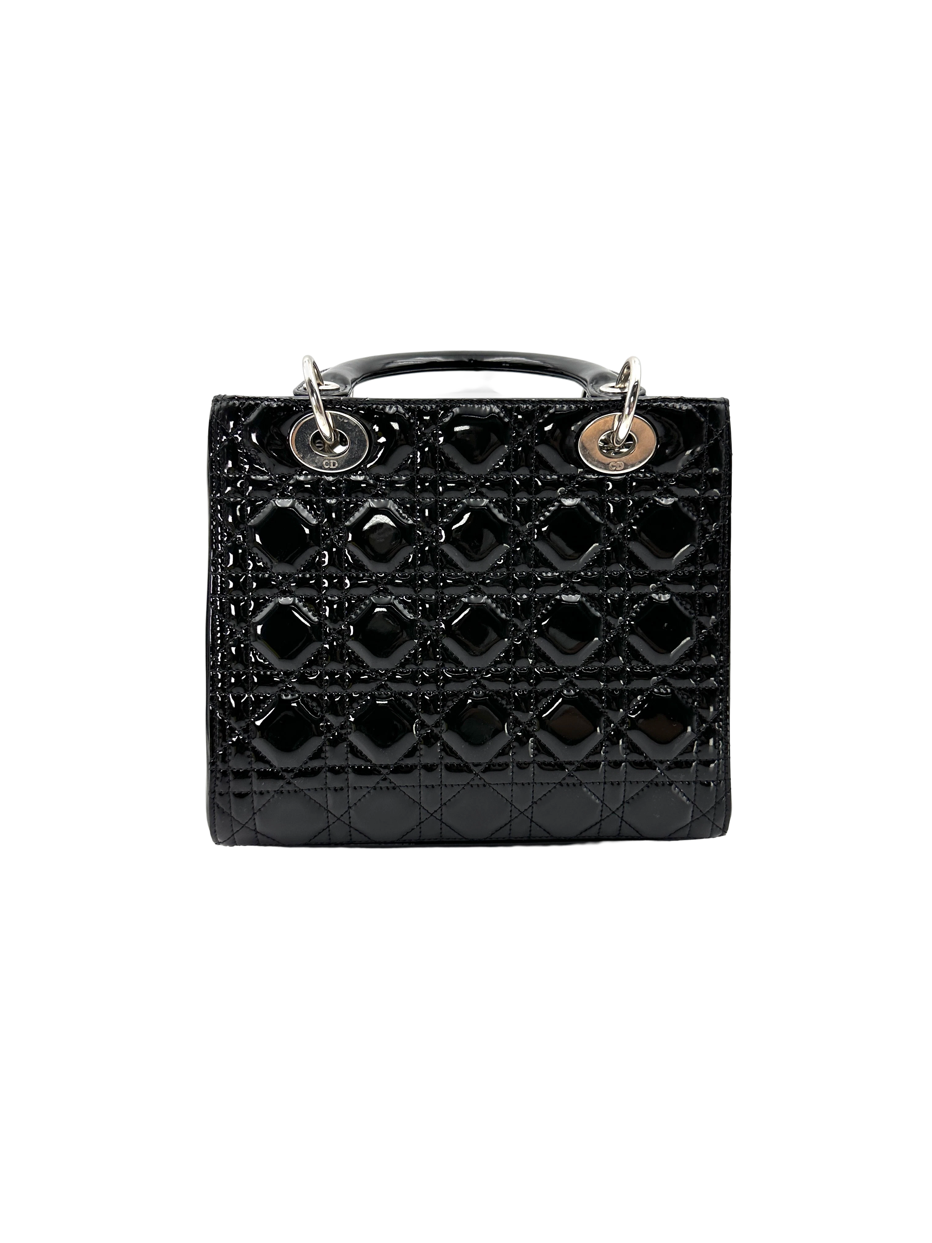 Christian Dior Lady Dior Black Cannage Patent Leather Handle Bag DR931