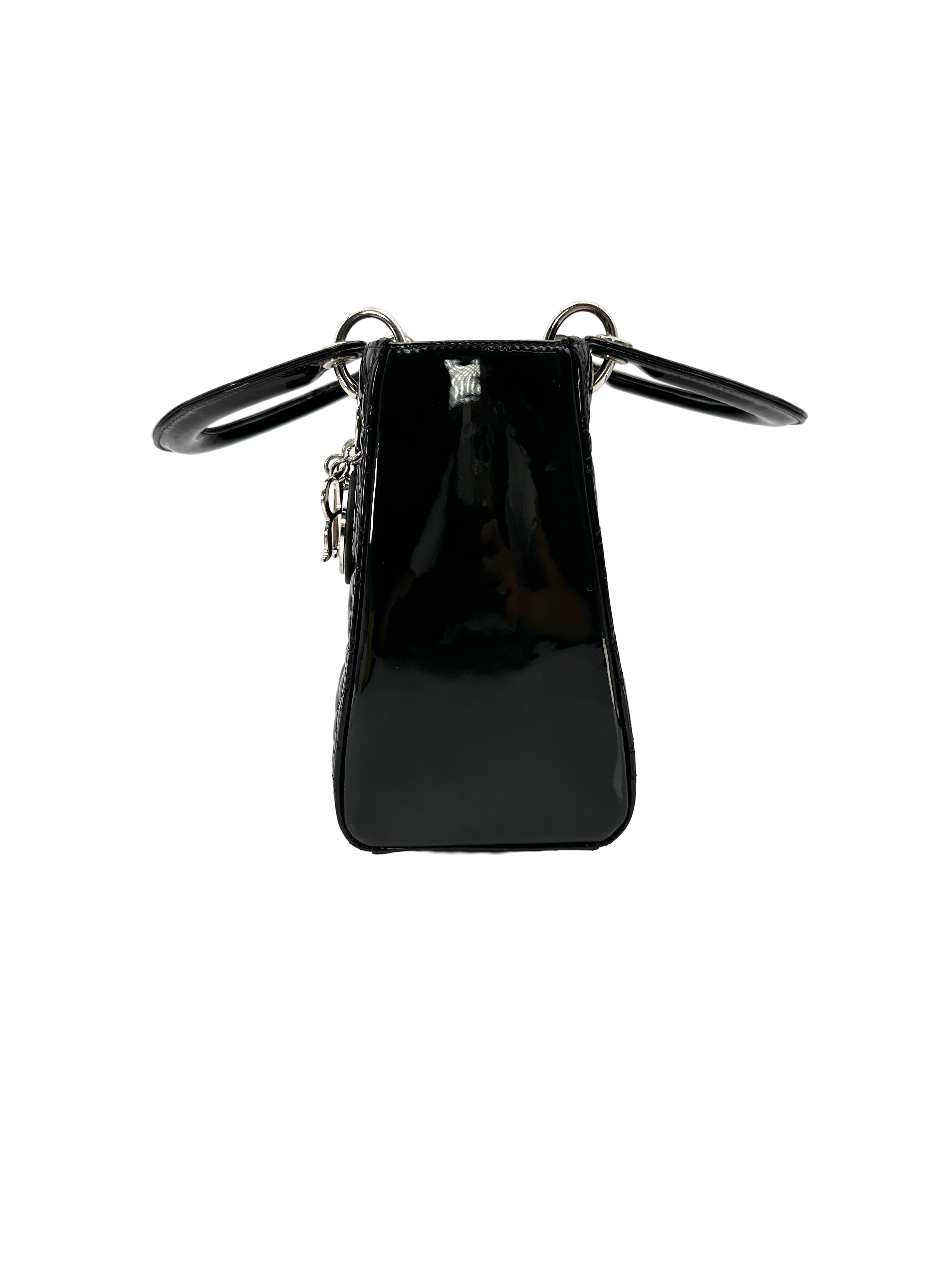 Christian Dior Lady Dior Black Cannage Patent Leather Handle Bag DR931