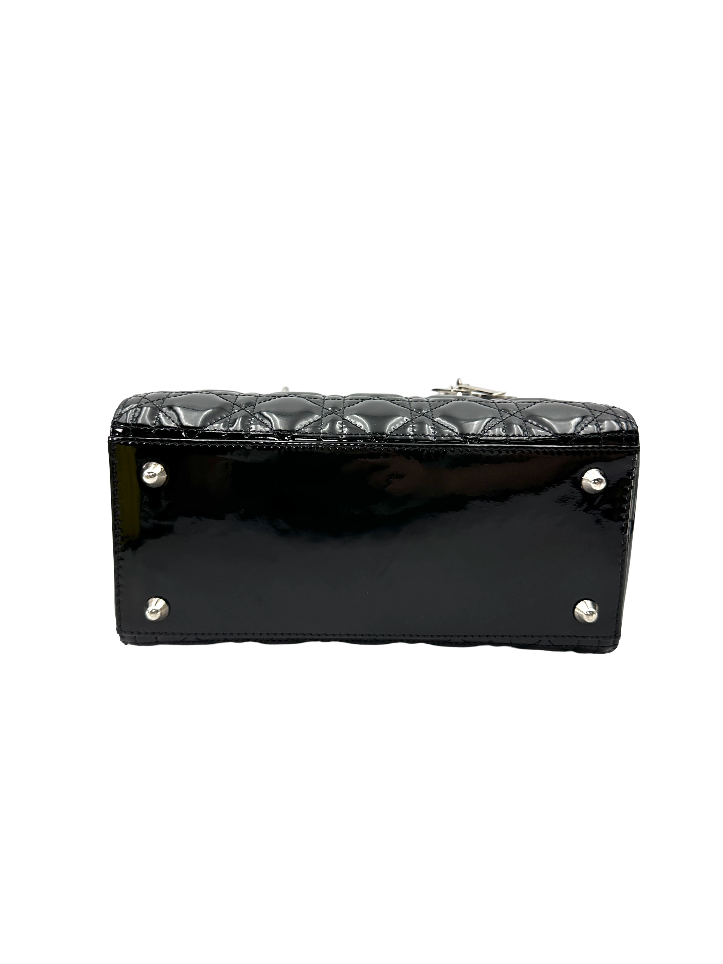Christian Dior Lady Dior Black Cannage Patent Leather Handle Bag DR931