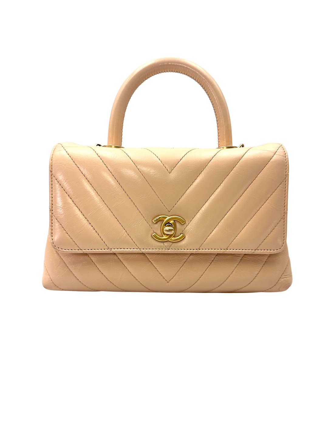 Chanel CoCo Handle Beige Chevron Quilted Leather Small Size Shoulder Bag(25***91) CC2565