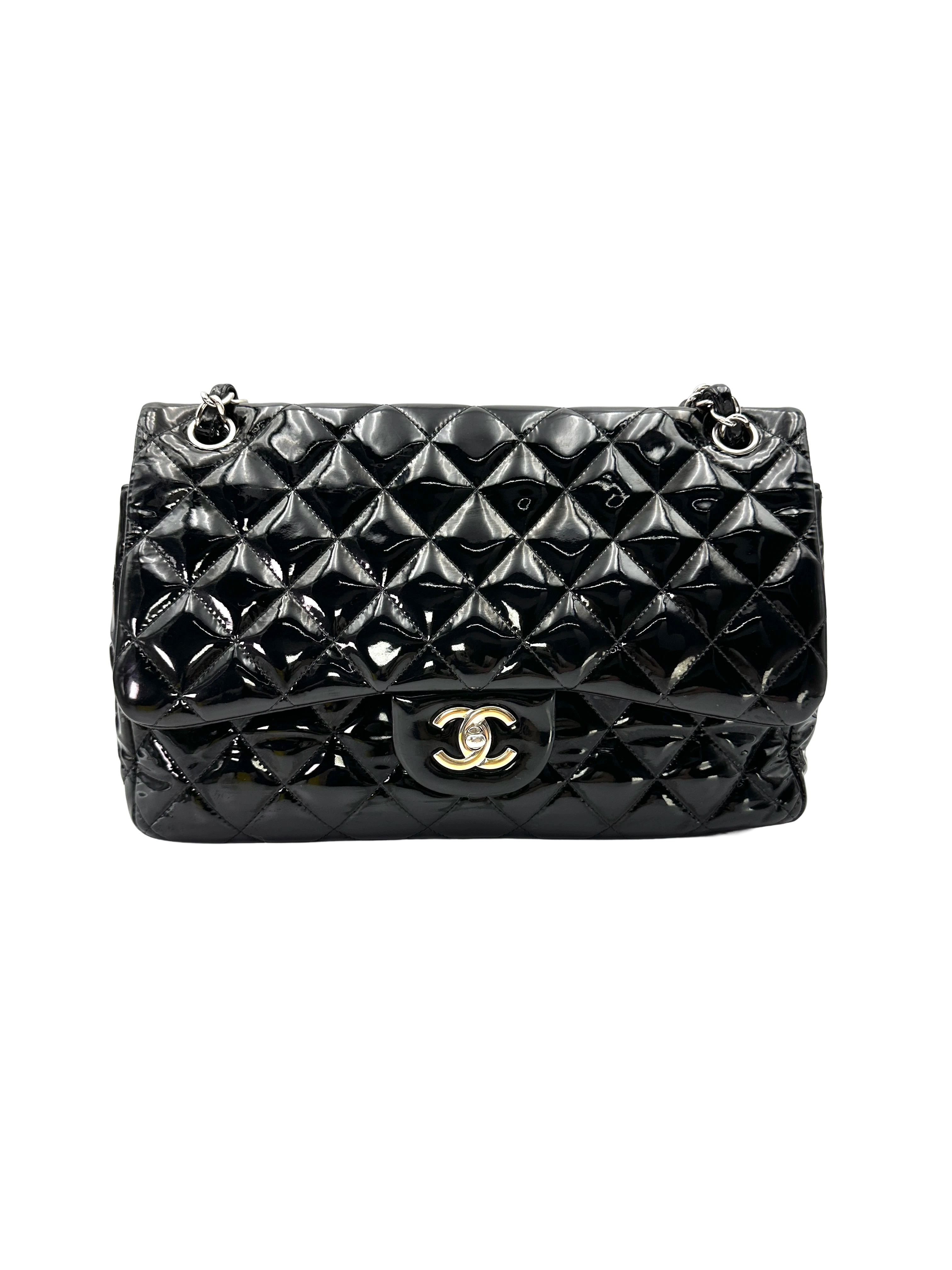Chanel Classic Flap Black Quilted Patent Leather Jumbo Shoulder Bag With Silver Buckle(15***49) CC2556
