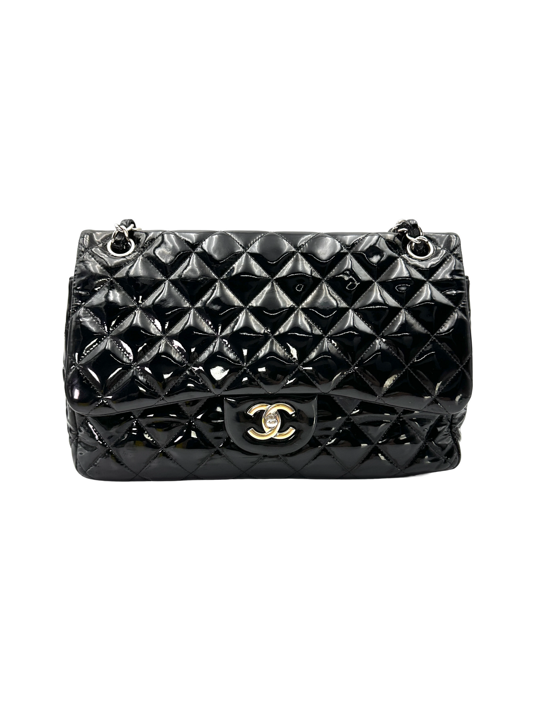 Chanel Classic Flap Black Quilted Patent Leather Jumbo Shoulder Bag With Silver Buckle(15***49) CC2556