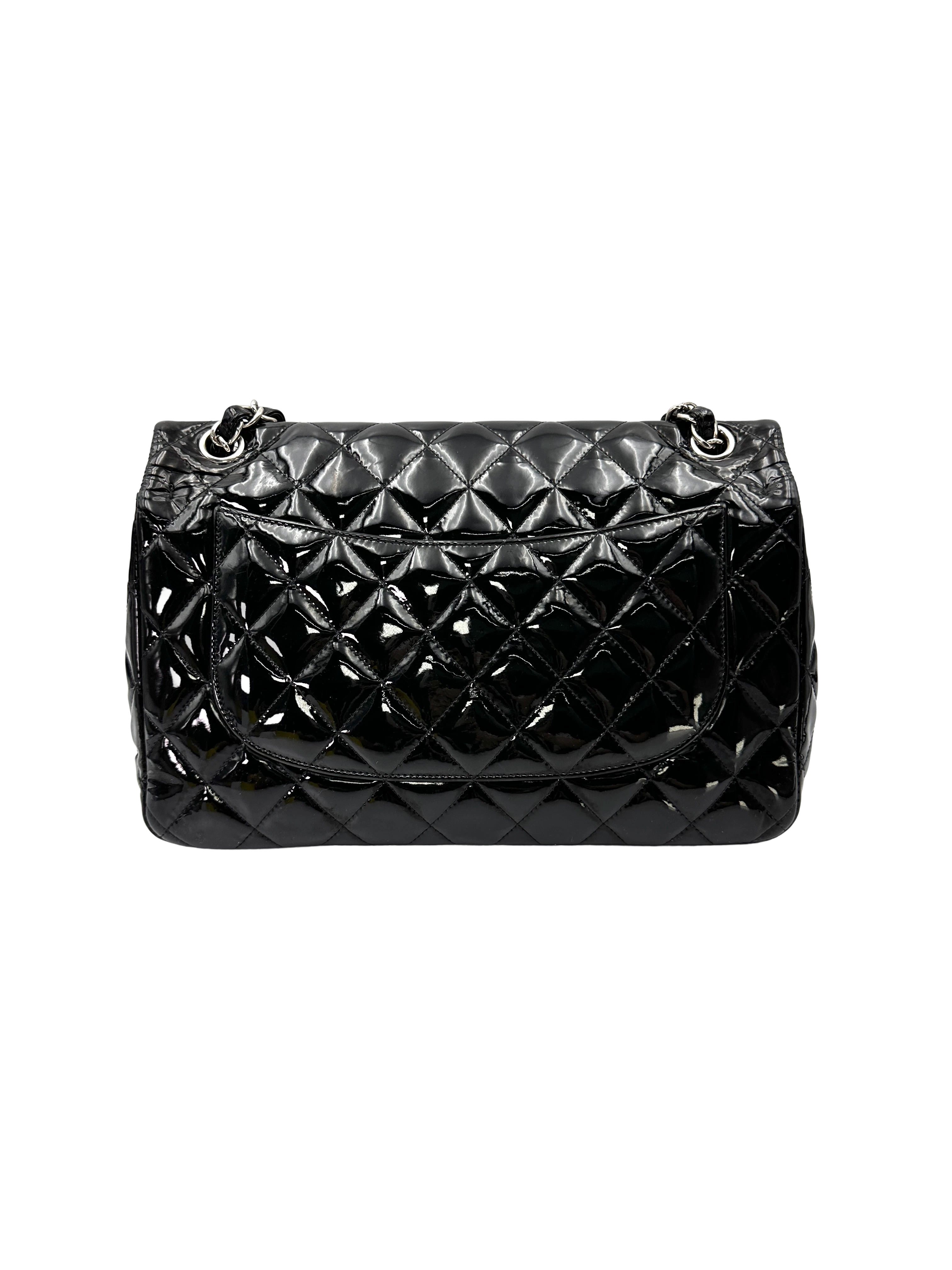 Chanel Classic Flap Black Quilted Patent Leather Jumbo Shoulder Bag With Silver Buckle(15***49) CC2556