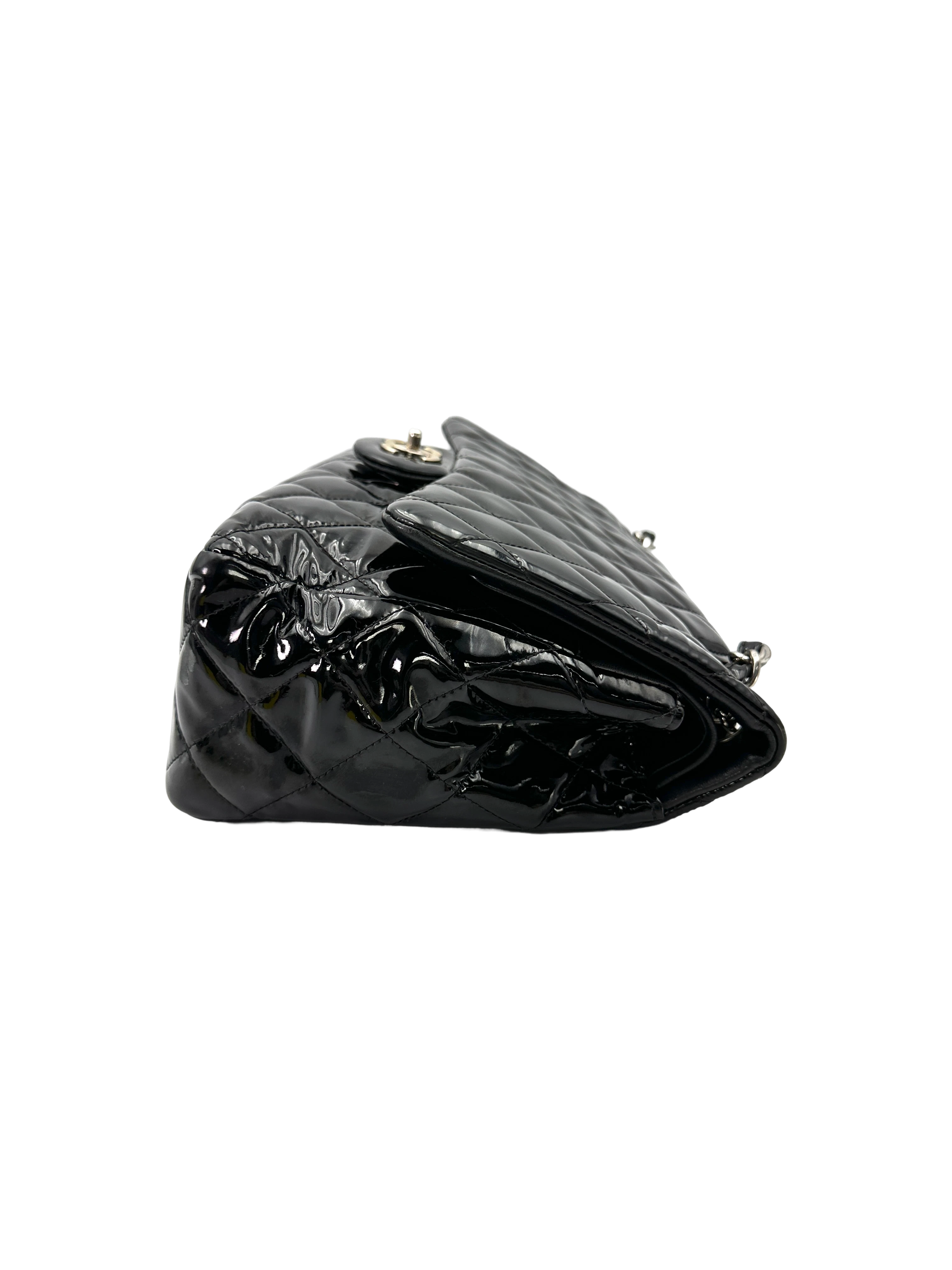 Chanel Classic Flap Black Quilted Patent Leather Jumbo Shoulder Bag With Silver Buckle(15***49) CC2556
