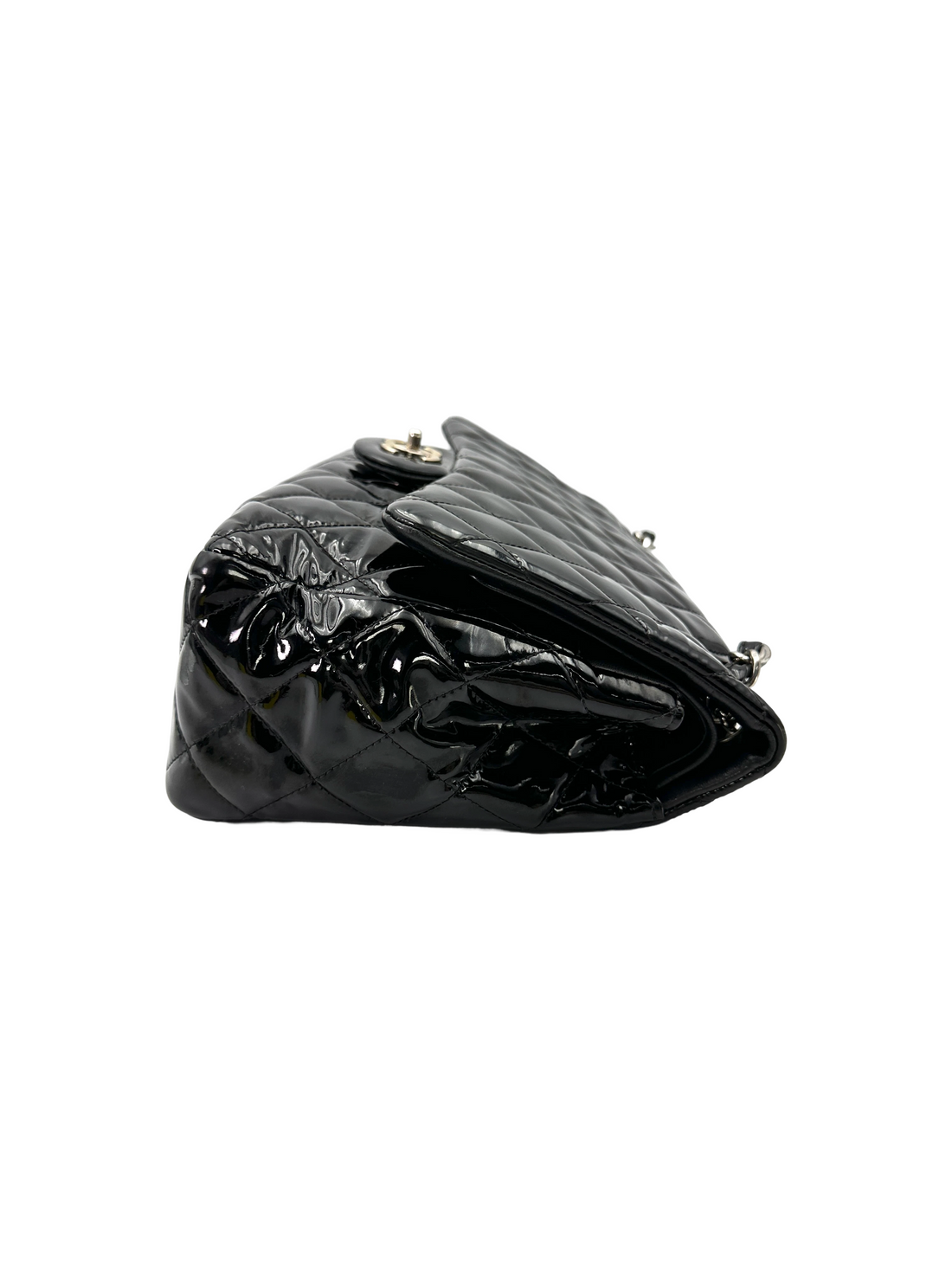 Chanel Classic Flap Black Quilted Patent Leather Jumbo Shoulder Bag With Silver Buckle(15***49) CC2556