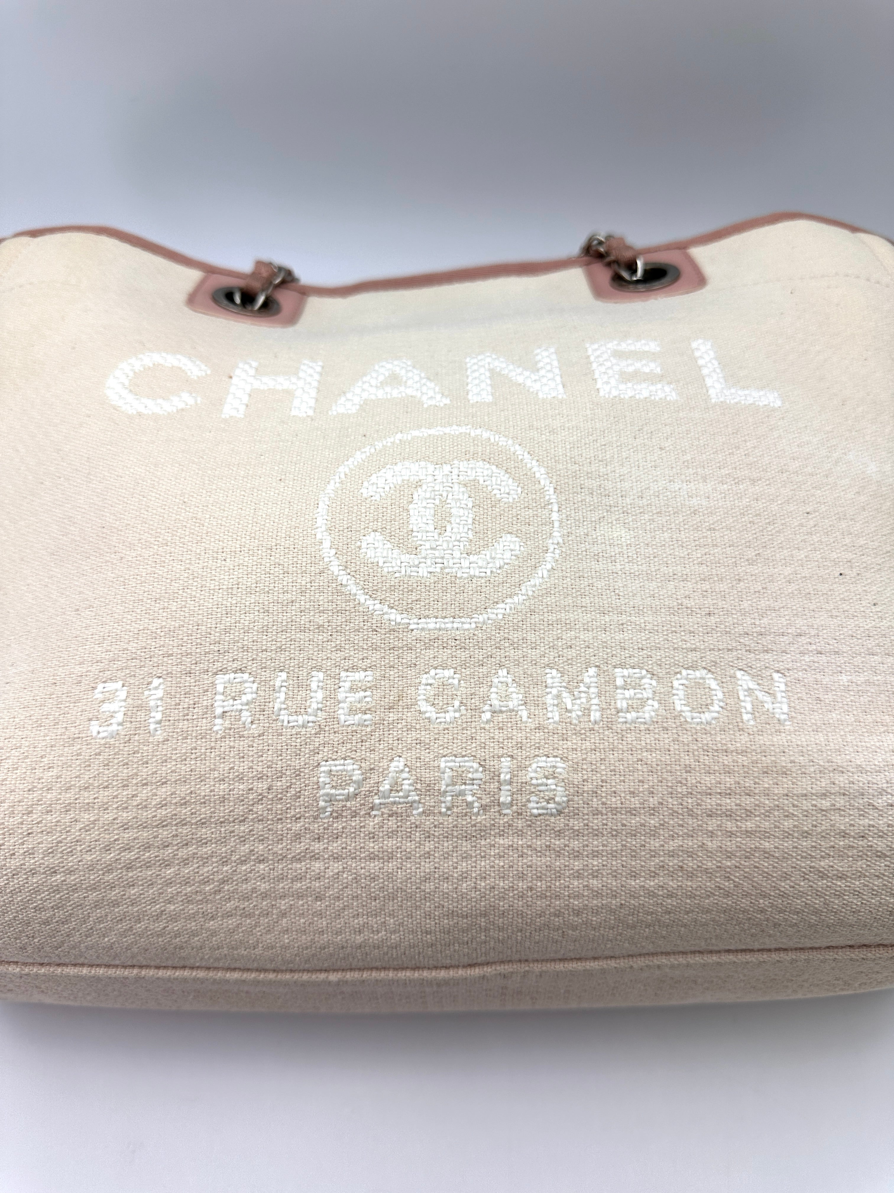 Chanel Deauville White/Pink Canvas Tote Handle Bag(20***51) CC2560