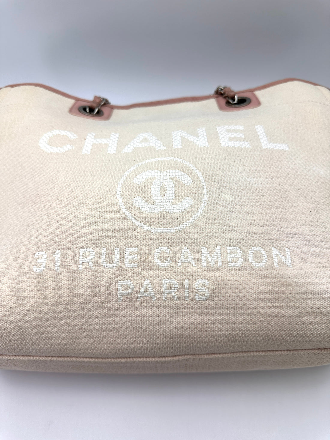 Chanel Deauville White/Pink Canvas Tote Handle Bag(20***51) CC2560