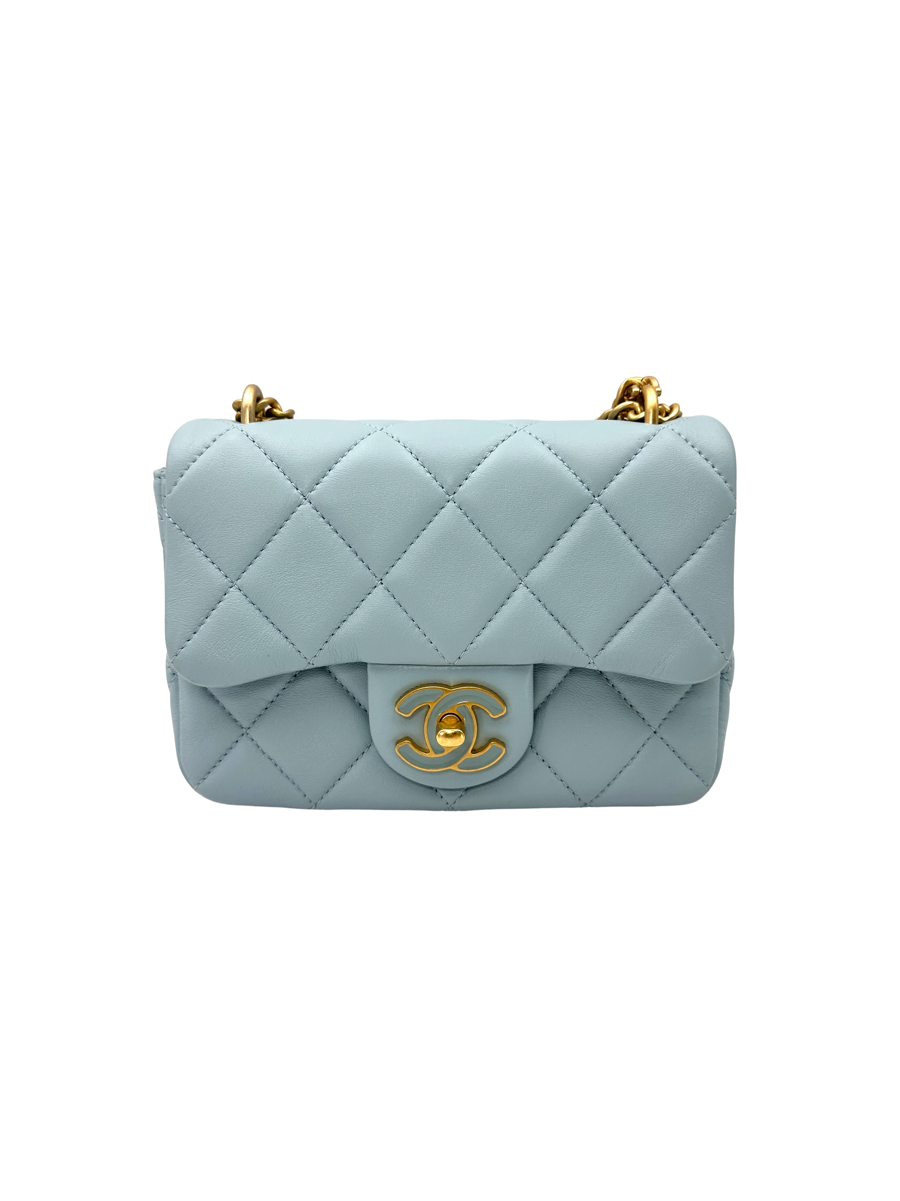 Chanel 22P Light Blue Quilted Leather Mini Square Flap Bag(C0***P1) IRIS272