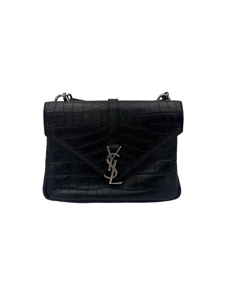 Saint Laurent College Black Crocodile-Embossed Leather Shoulder Bag SL299