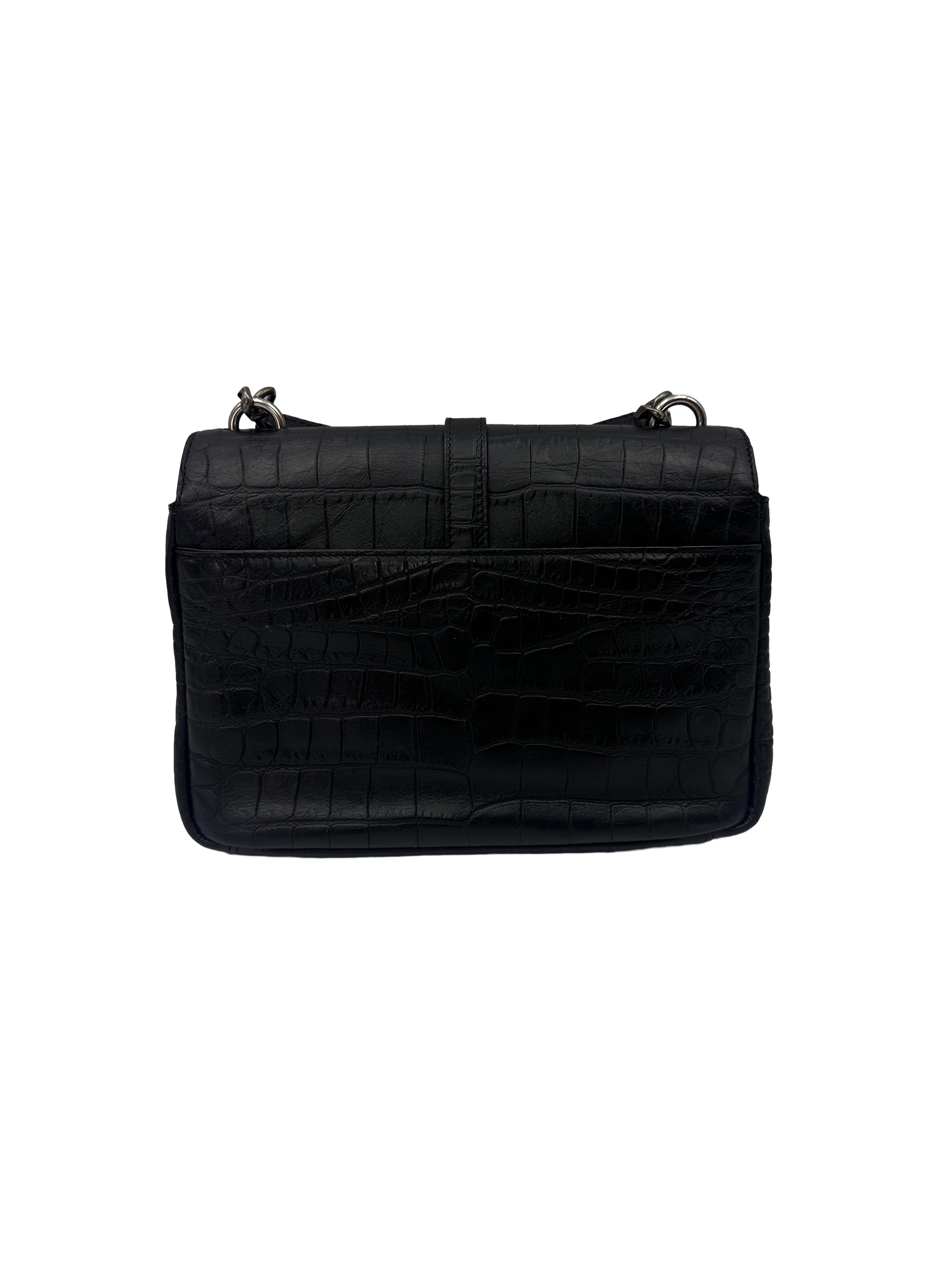 Saint Laurent College Black Crocodile-Embossed Leather Shoulder Bag SL299