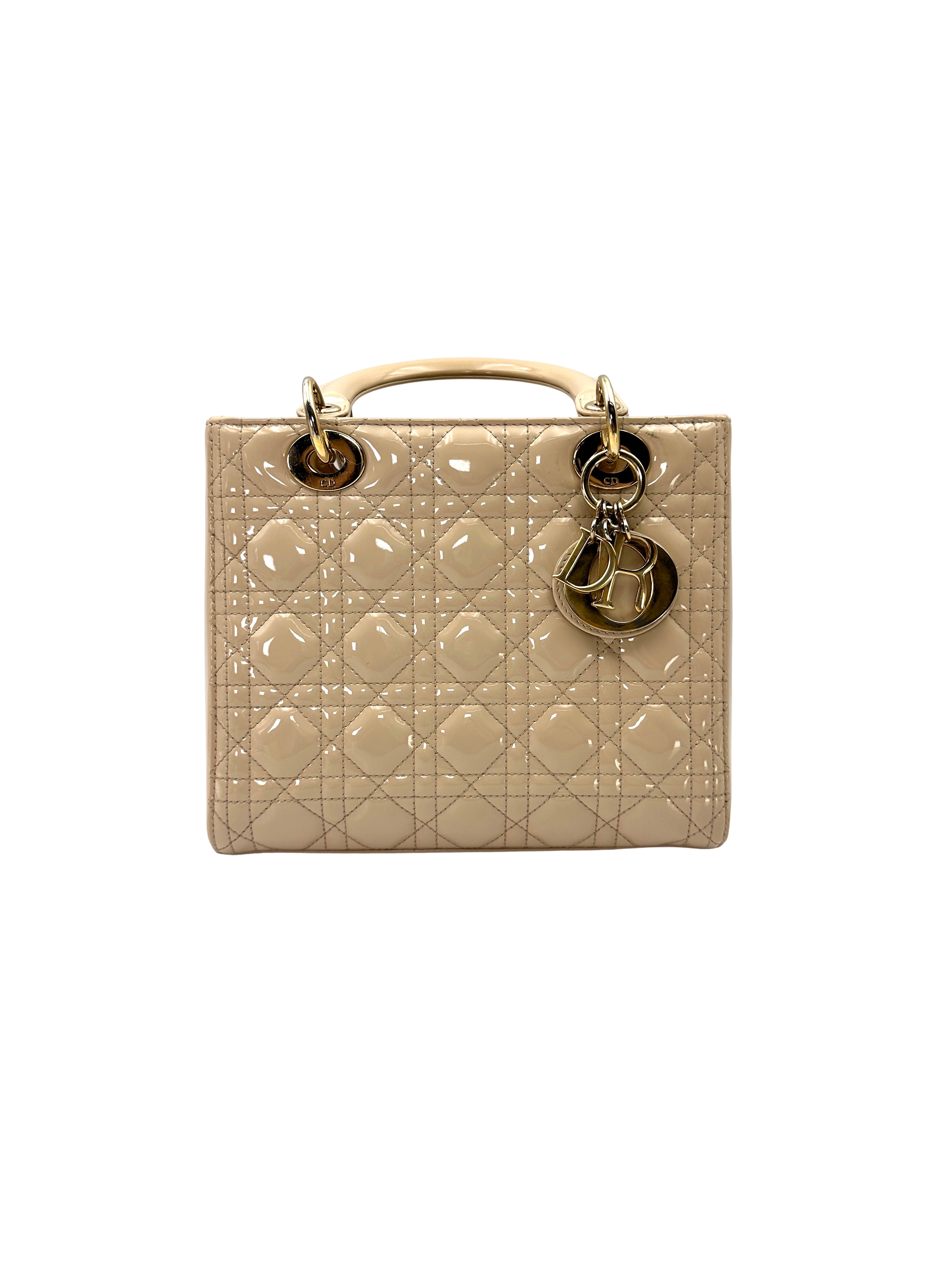 Christian Dior Lady Dior Beige Cannage Patent Leather Handle Bag DR943
