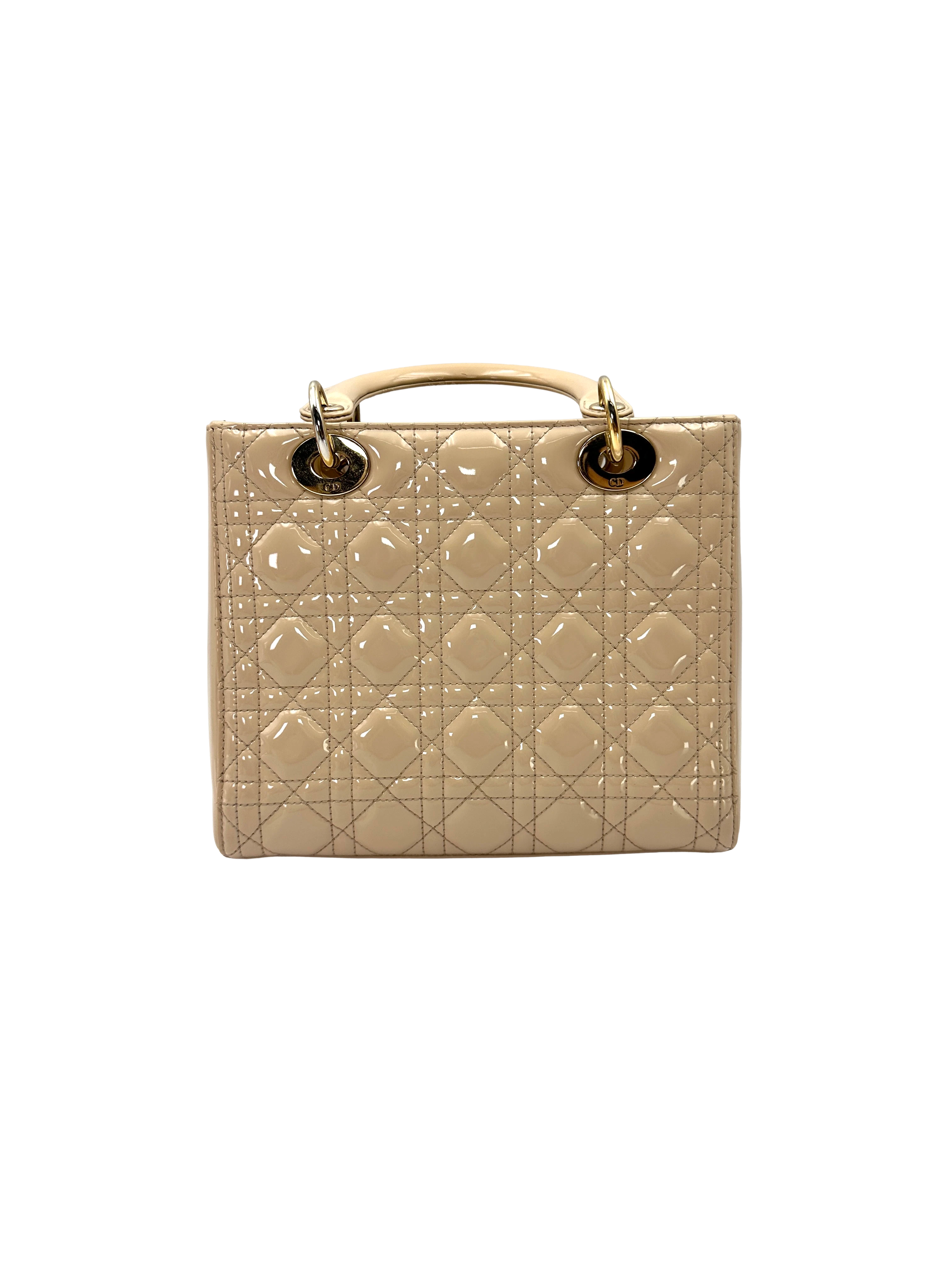 Christian Dior Lady Dior Beige Cannage Patent Leather Handle Bag DR943