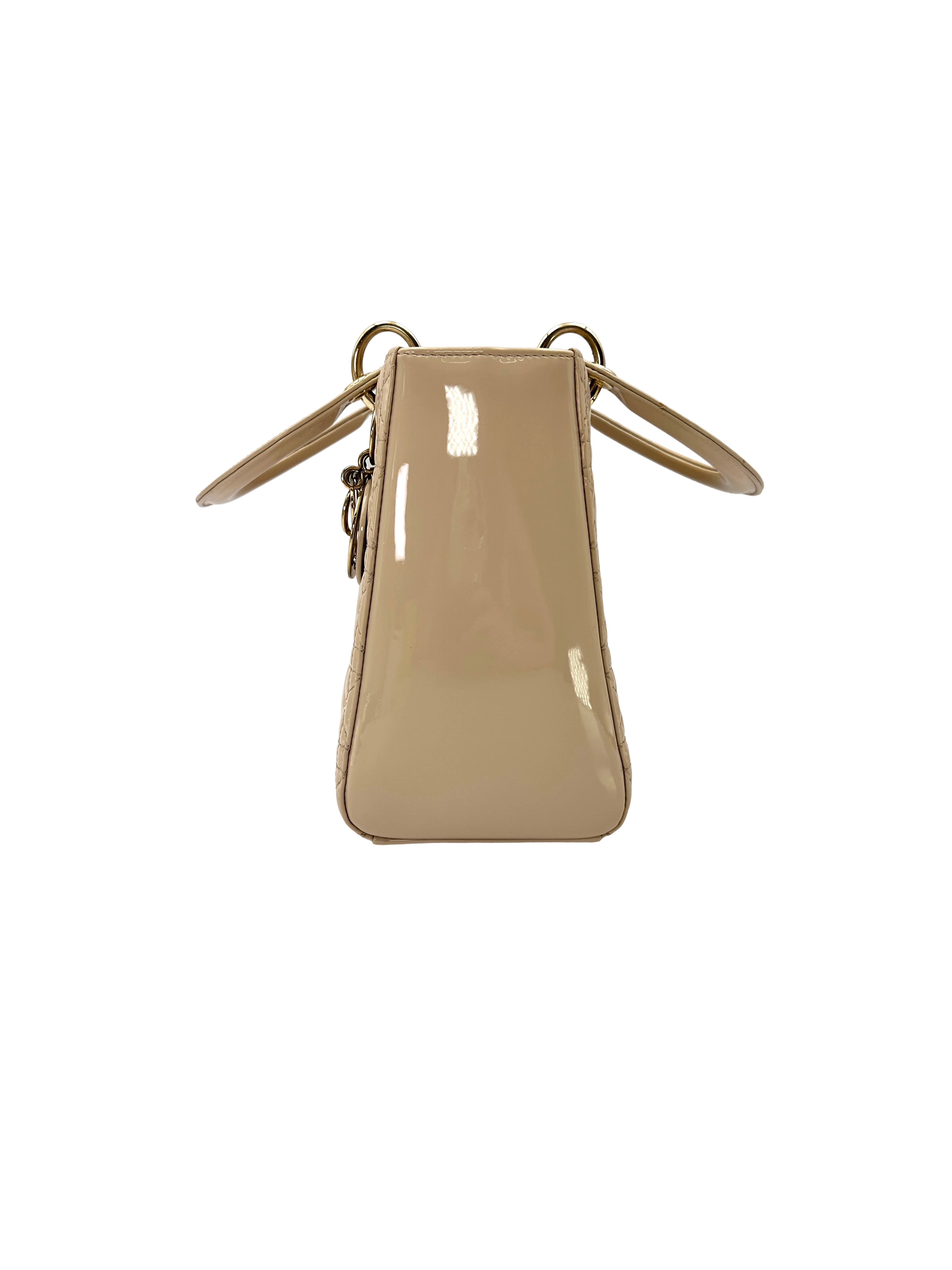 Christian Dior Lady Dior Beige Cannage Patent Leather Handle Bag DR943