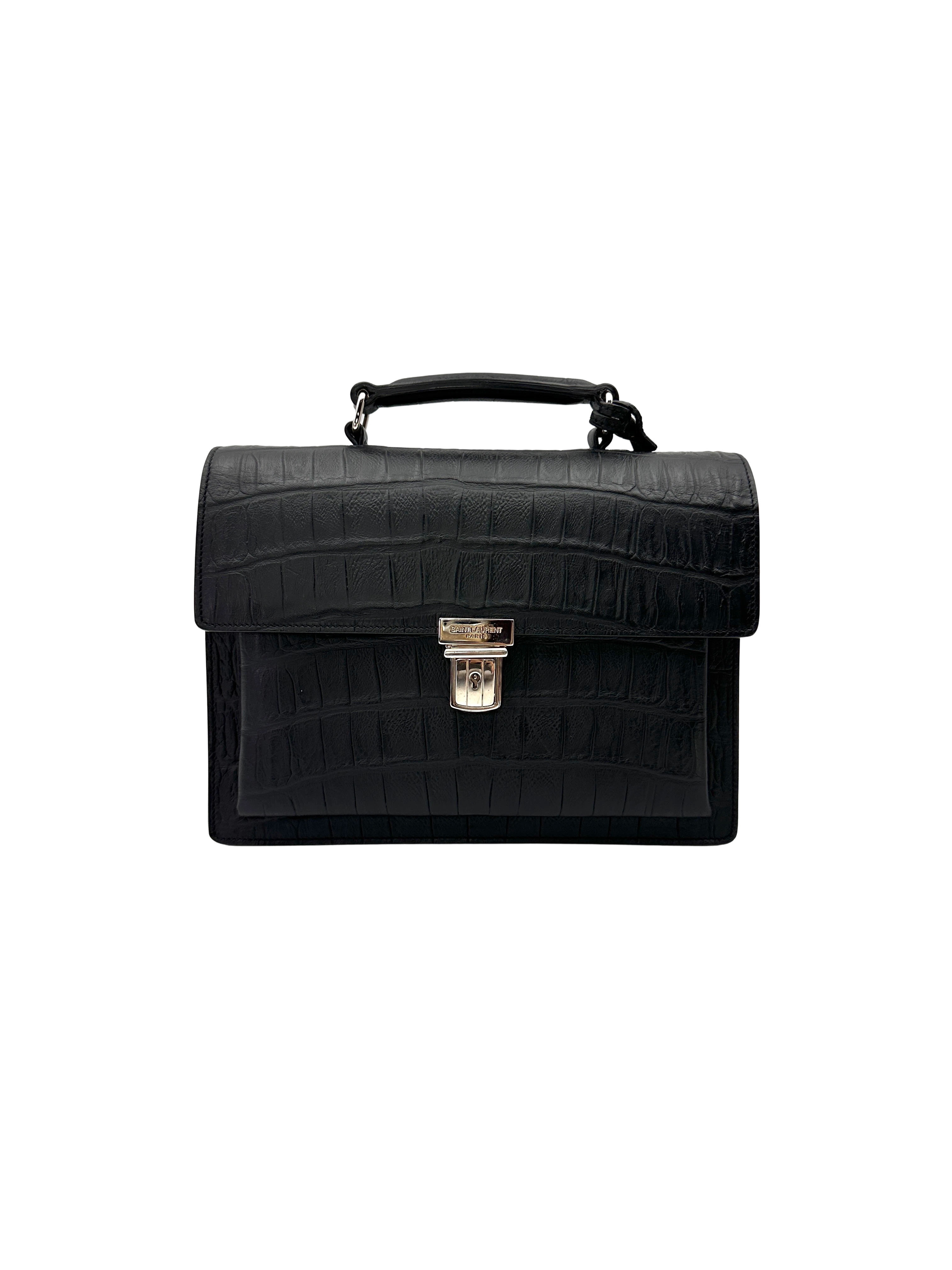 Saint Laurent High School Black Croc-Embossed Leather Shoulder Bag SL302