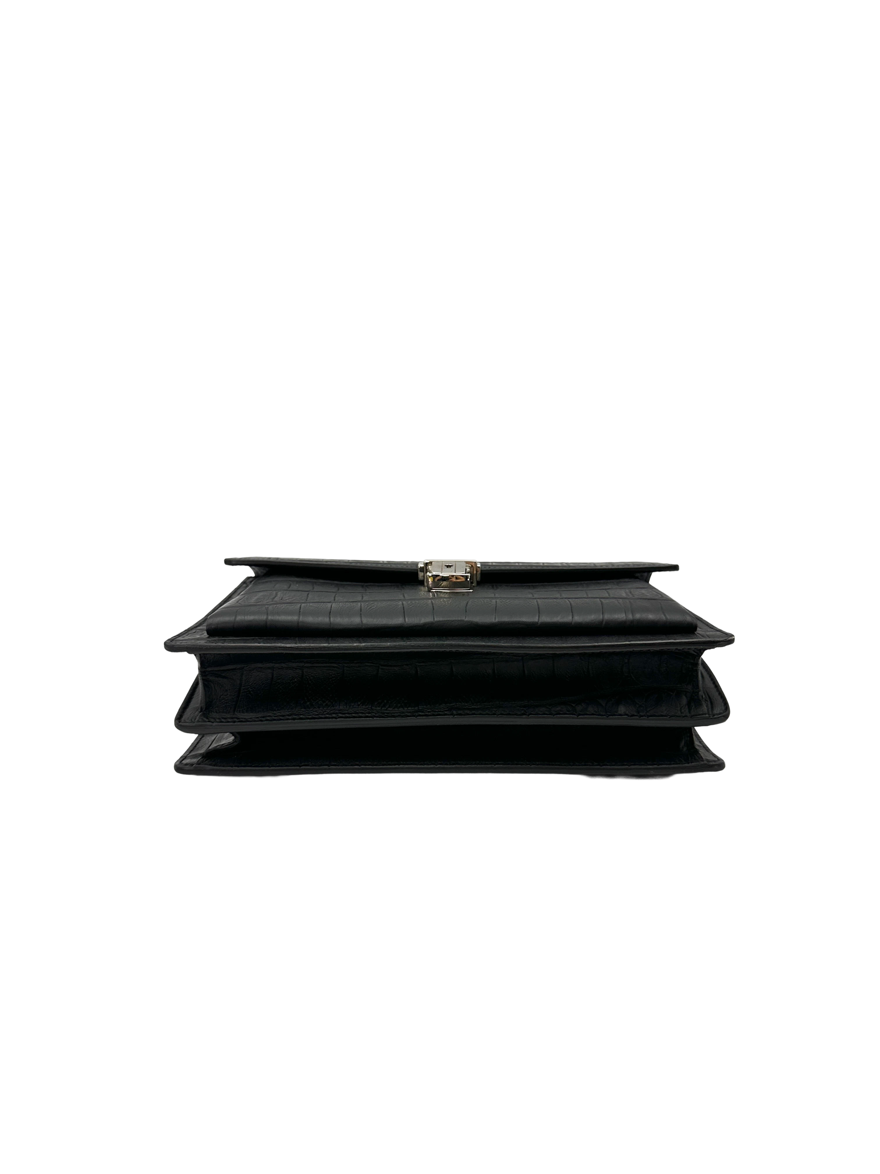 Saint Laurent High School Black Croc-Embossed Leather Shoulder Bag SL302