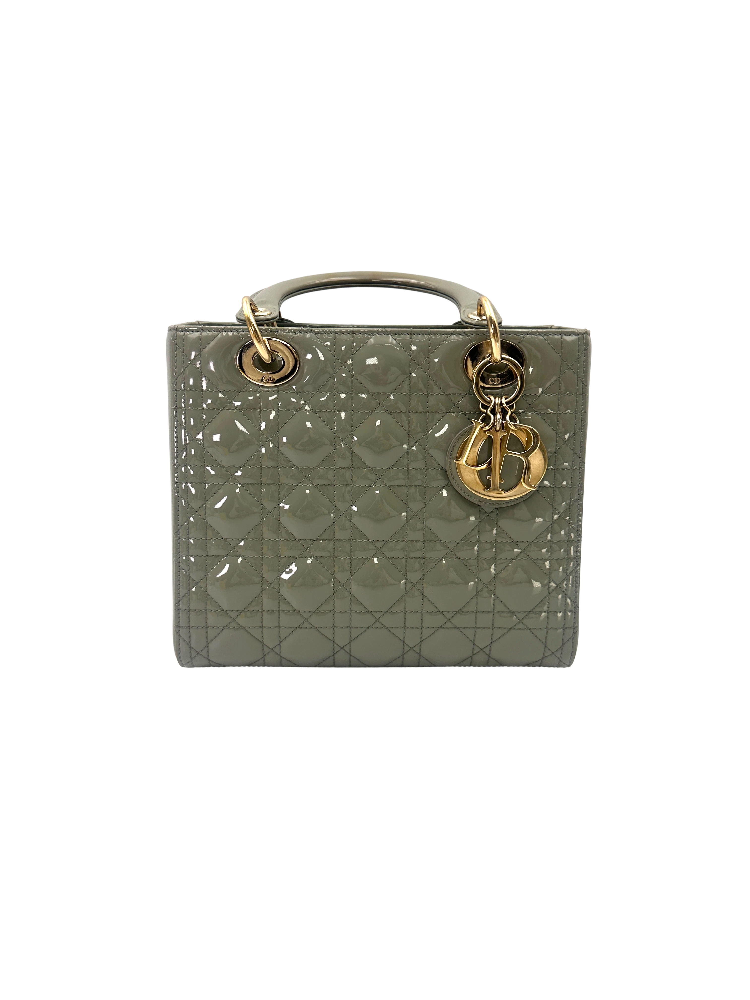 Christian Dior Lady Dior Grey Cannage Patent Leather Handle Bag DR941