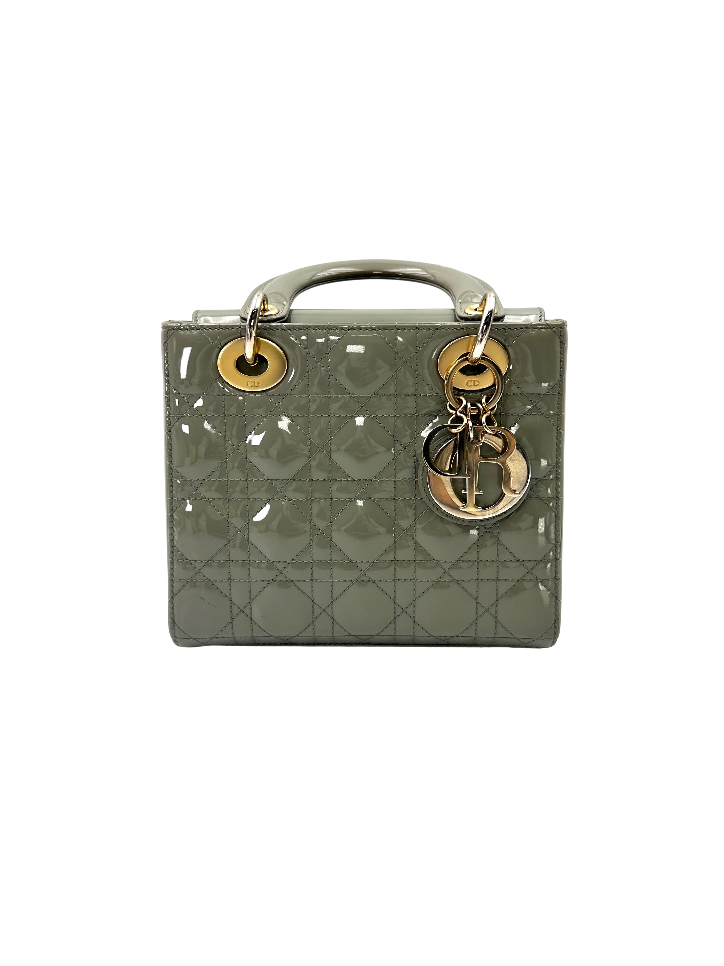Christian Dior Lady Dior Green Cannage Patent Leather Handle Bag DR942