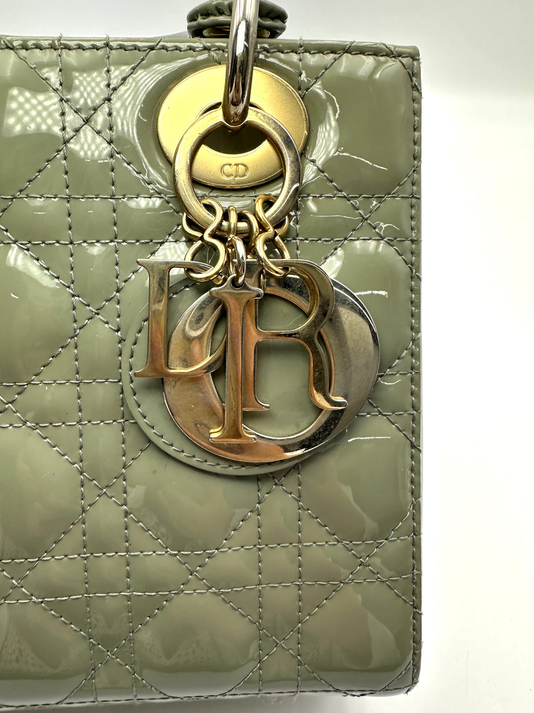 Christian Dior Lady Dior Green Cannage Patent Leather Handle Bag DR942