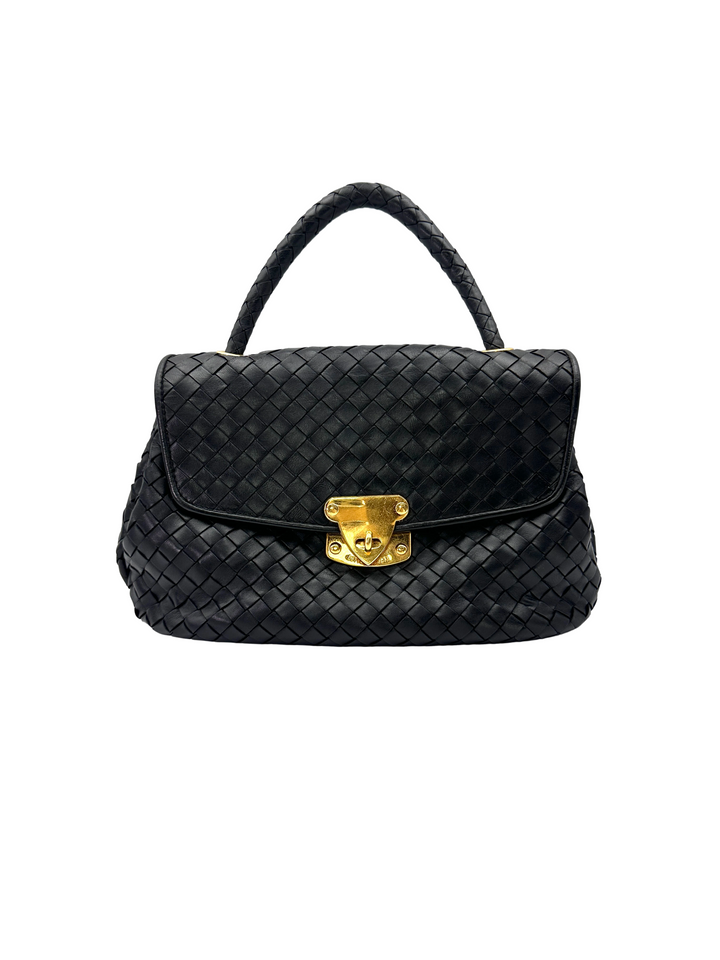 Bottega Veneta Black Intrecciato Leather Top Handle Bag BV146